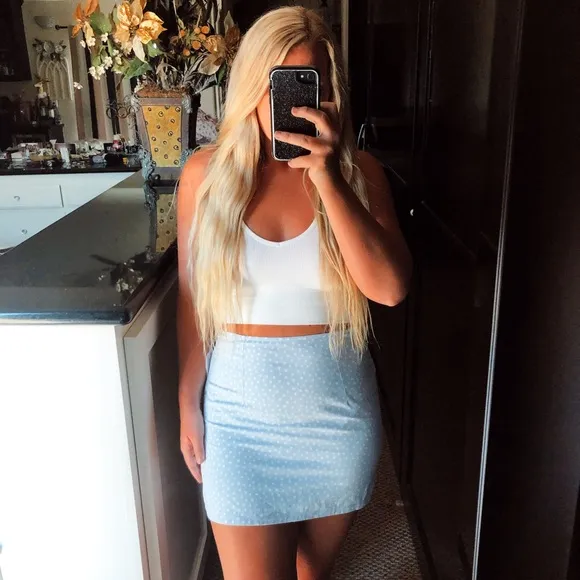 🆕 NWT billabong blue and white polka dot high waisted jean skirt