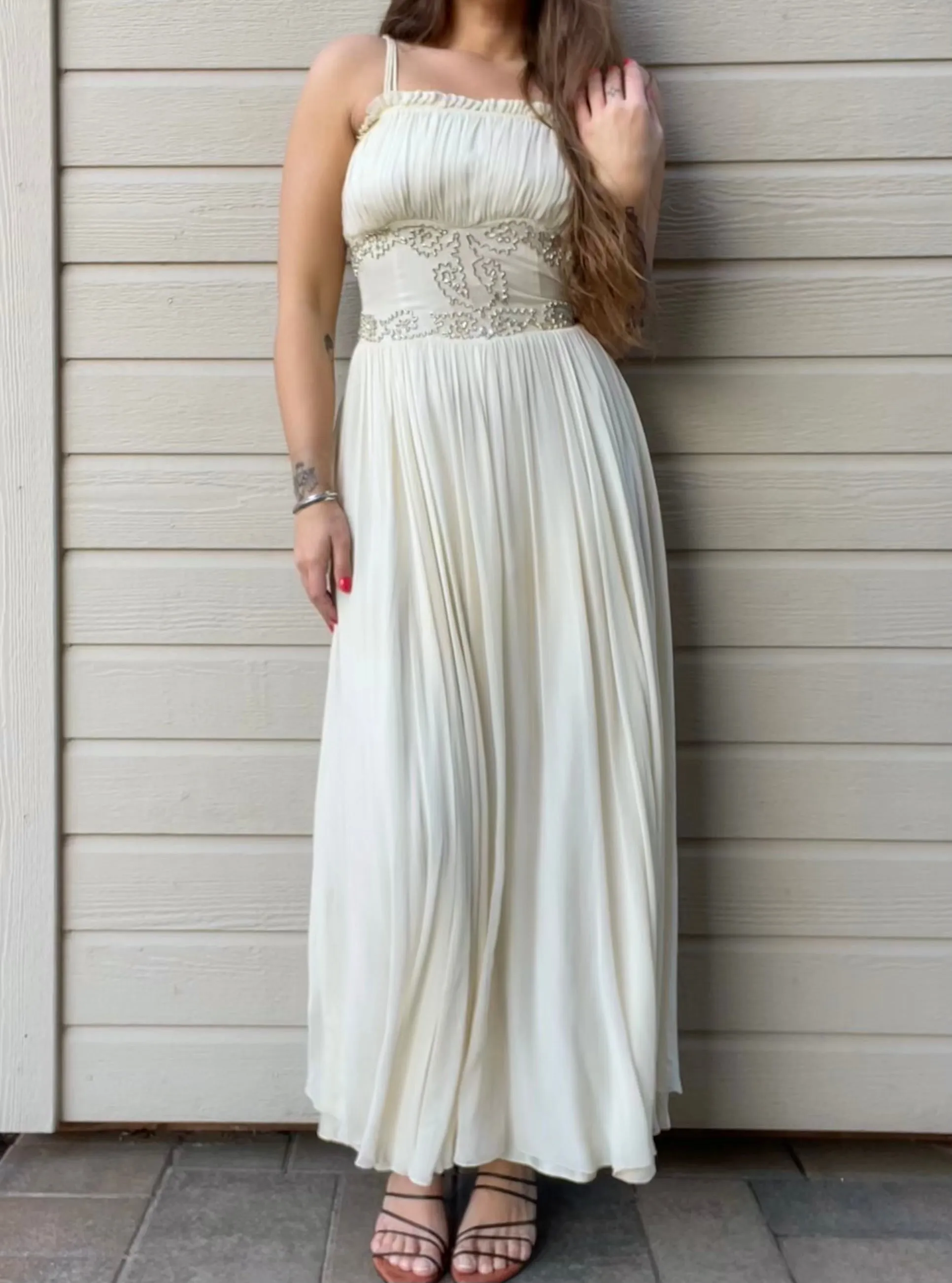 1940s Metallic Crepe Chiffon Ruched Gown