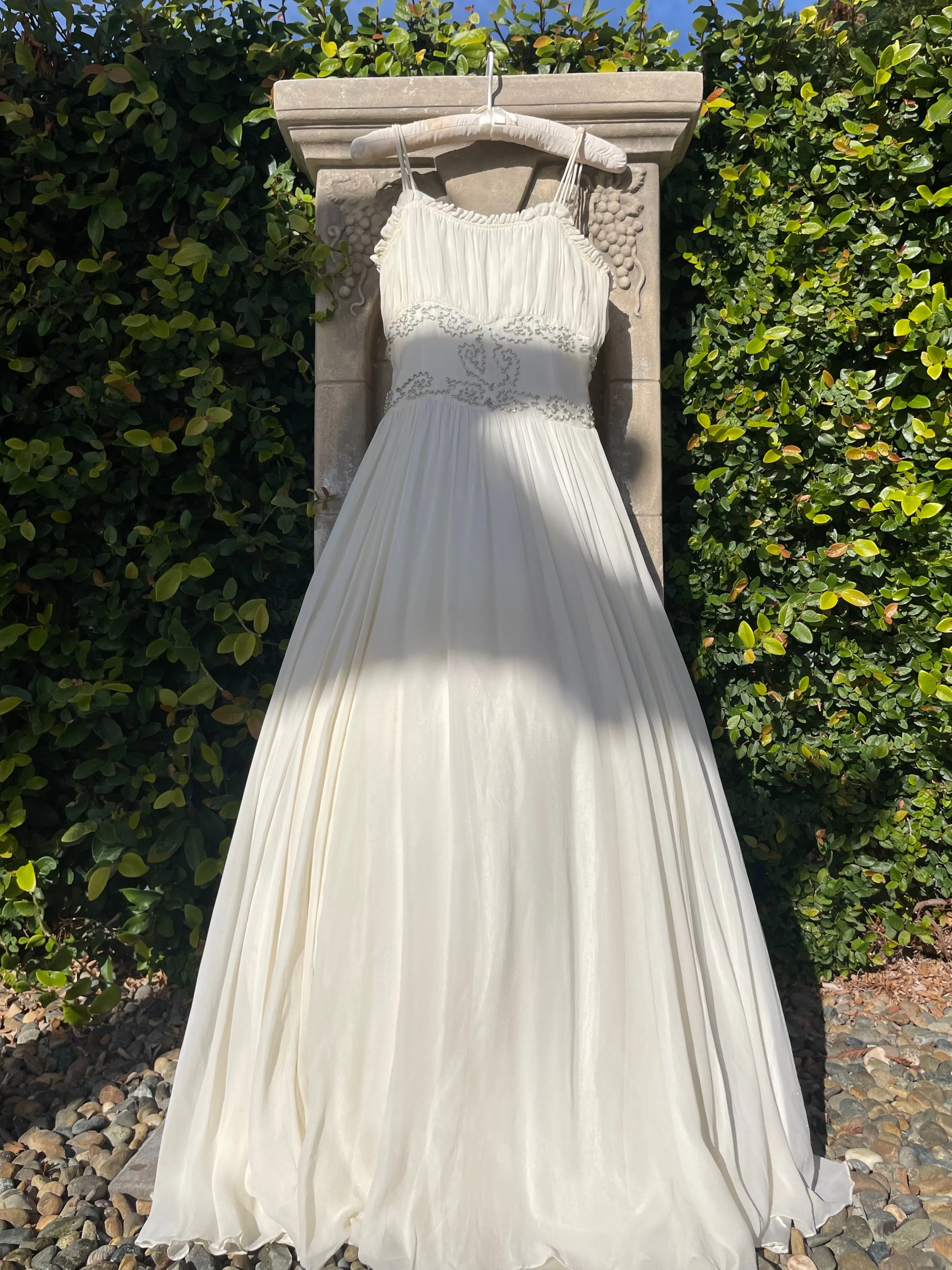 1940s Metallic Crepe Chiffon Ruched Gown