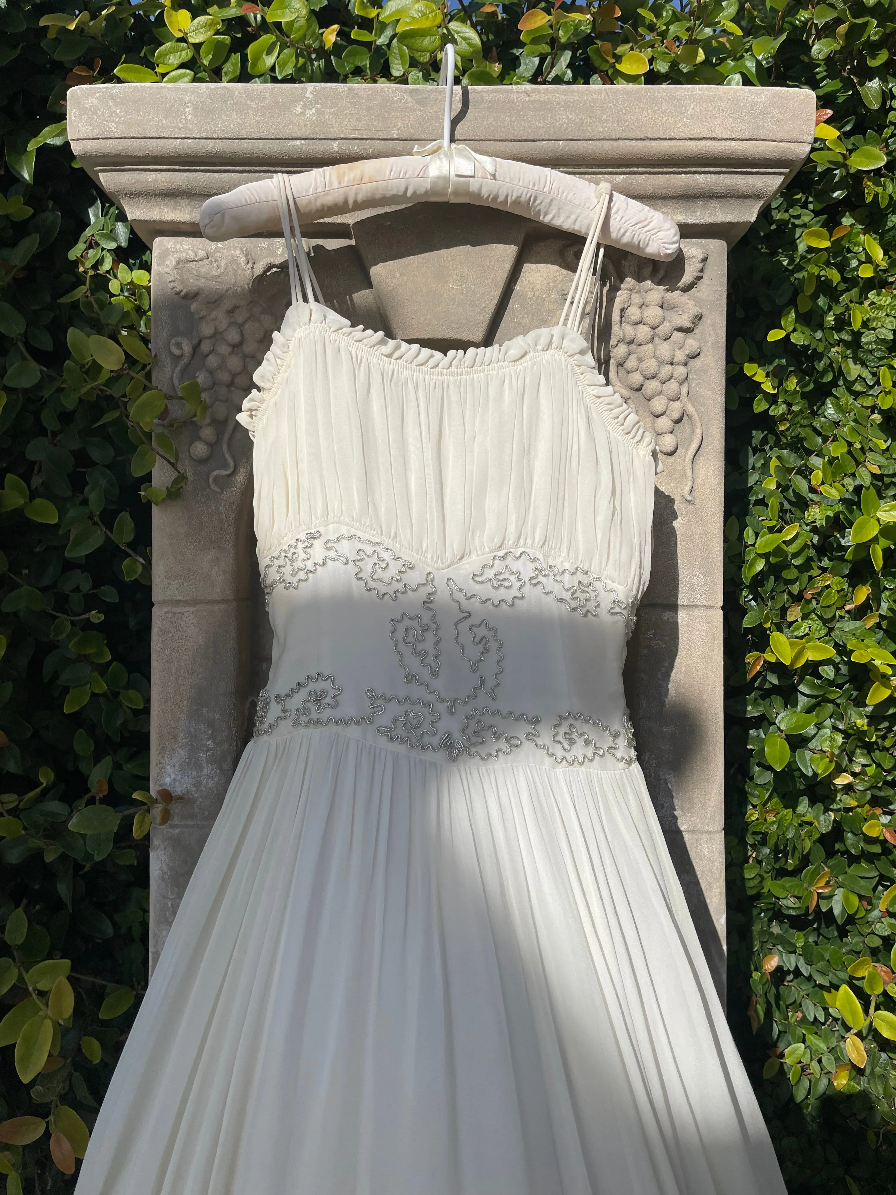 1940s Metallic Crepe Chiffon Ruched Gown