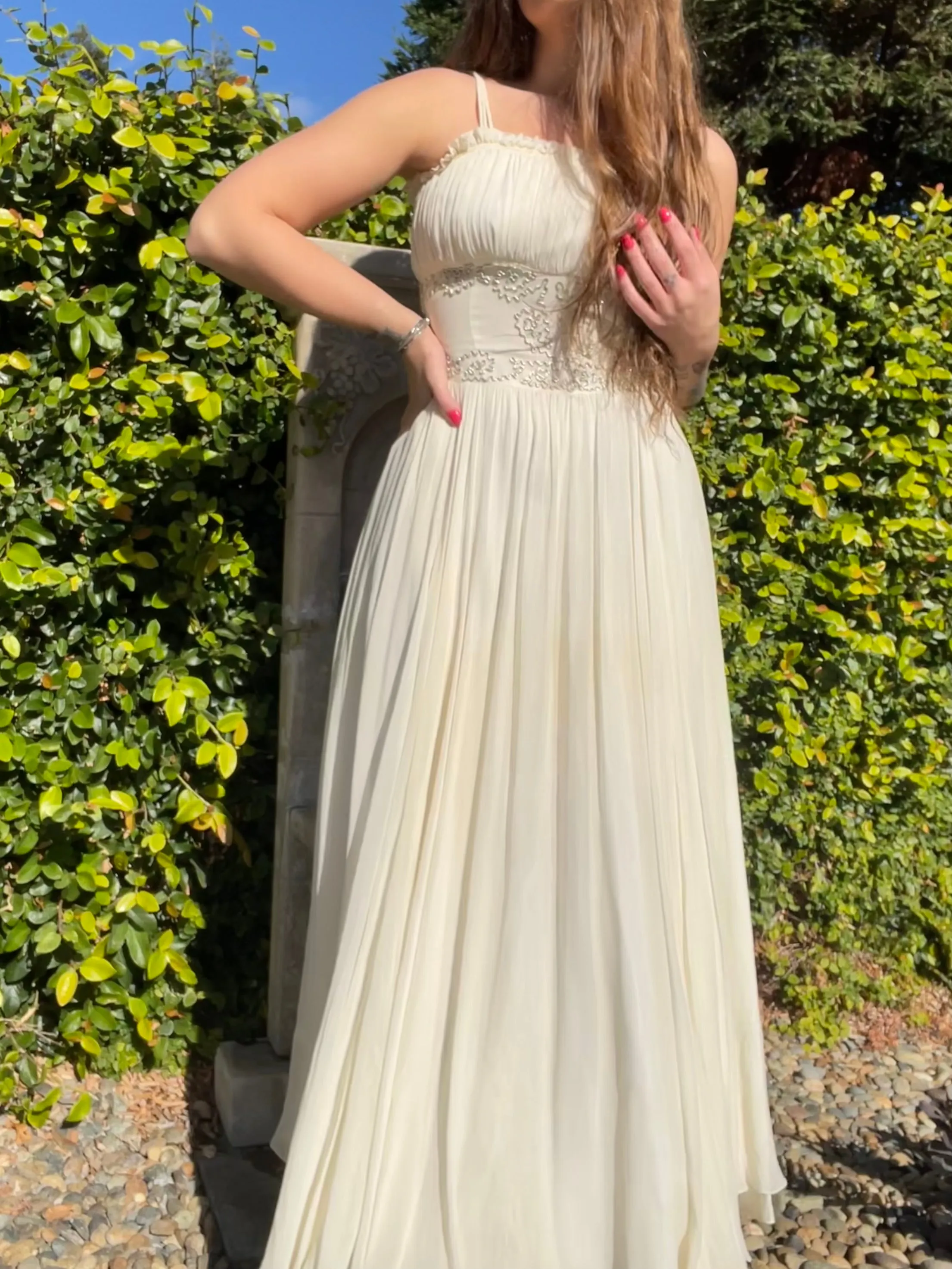 1940s Metallic Crepe Chiffon Ruched Gown