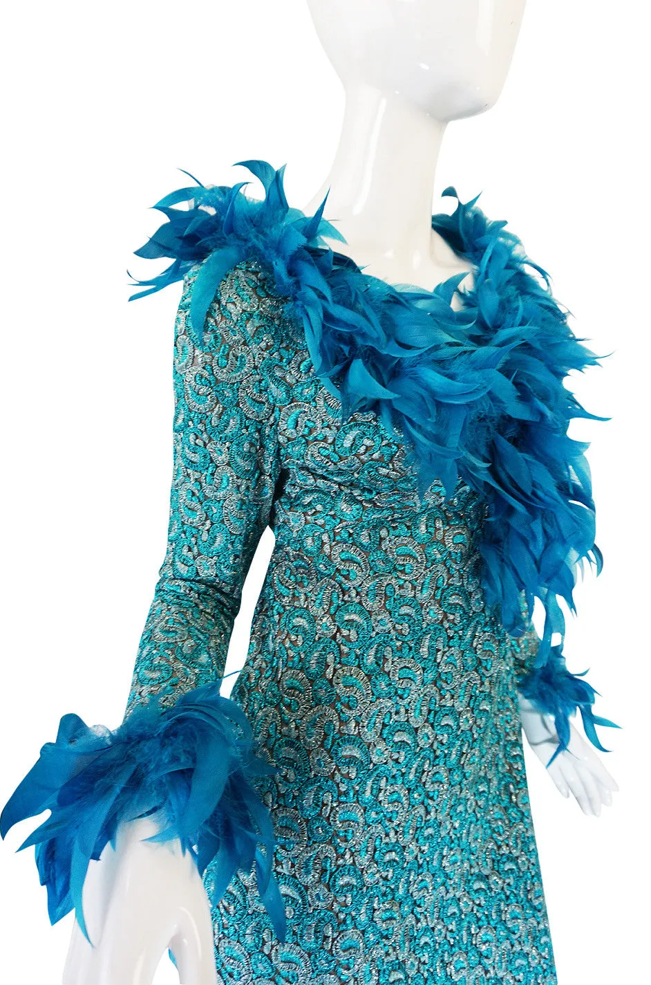 1960s Blue Metallic Thread on Net Feather Dress