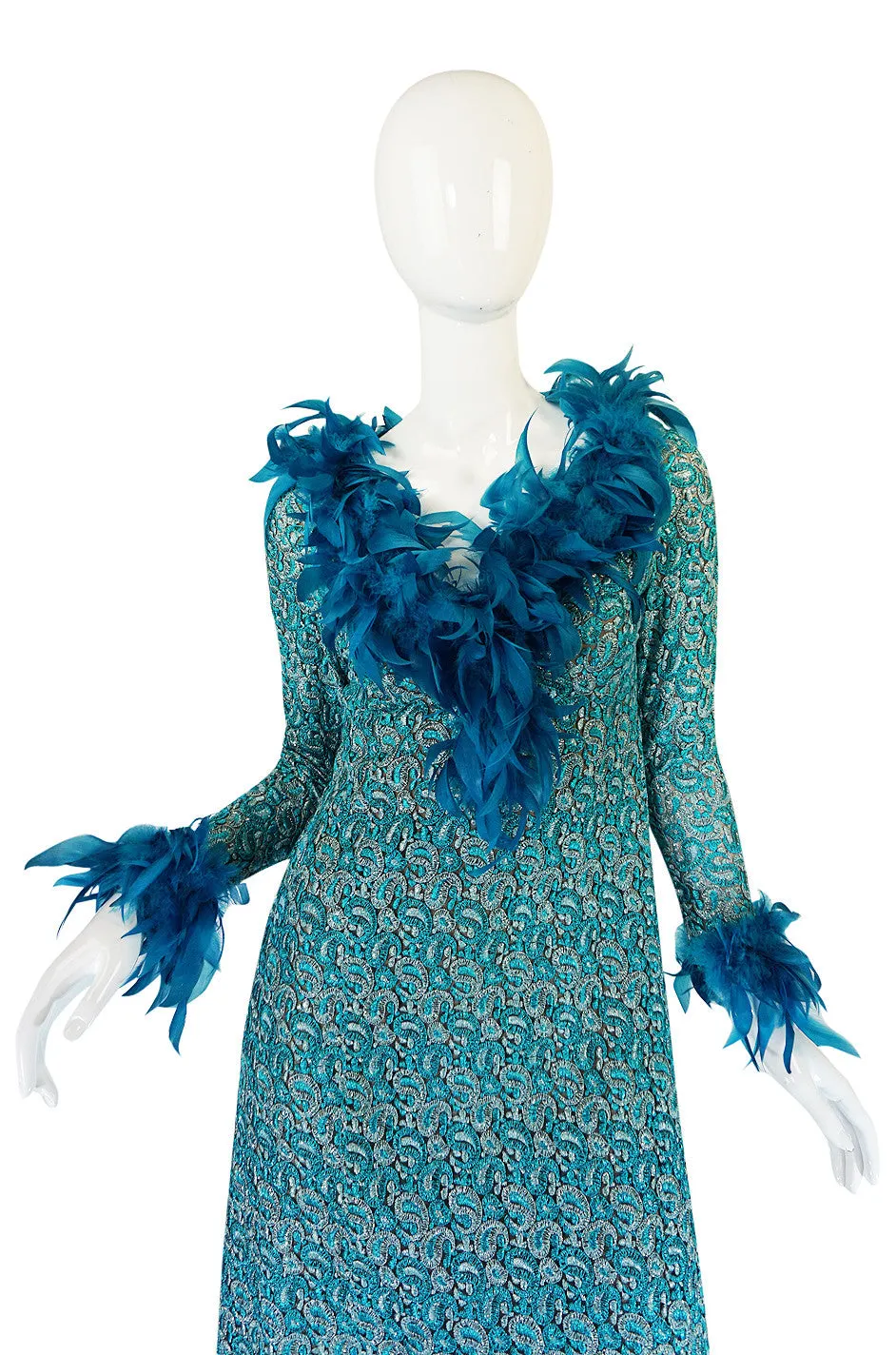 1960s Blue Metallic Thread on Net Feather Dress