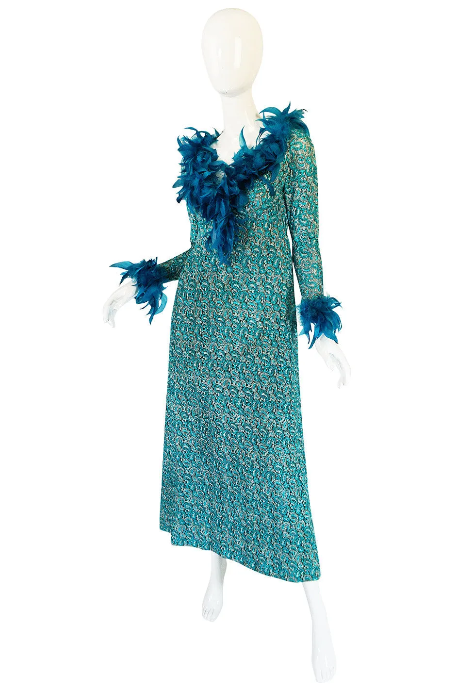 1960s Blue Metallic Thread on Net Feather Dress