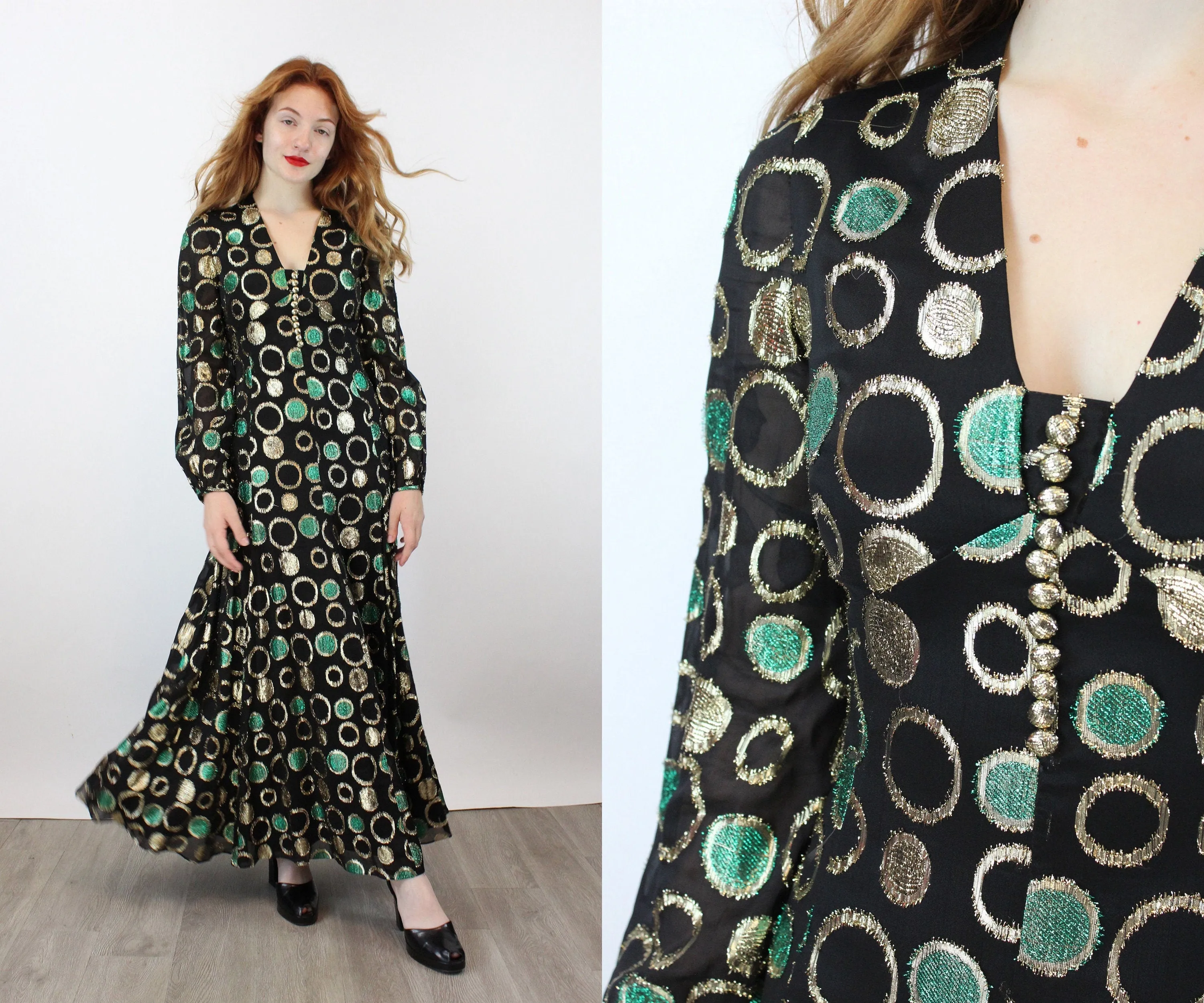 1960s SHANNON Rodgers metallic maxi dress xs | new winter