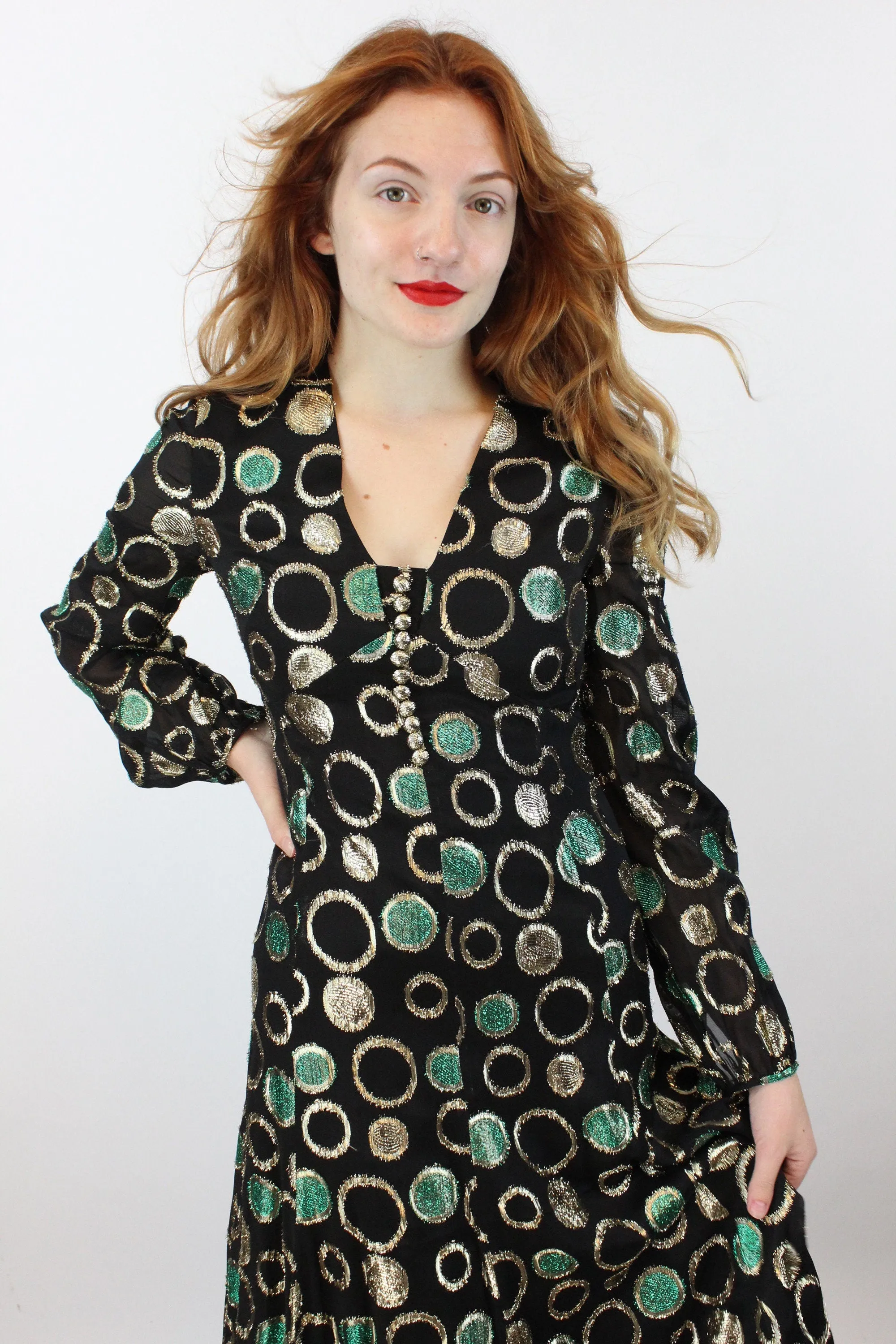 1960s SHANNON Rodgers metallic maxi dress xs | new winter
