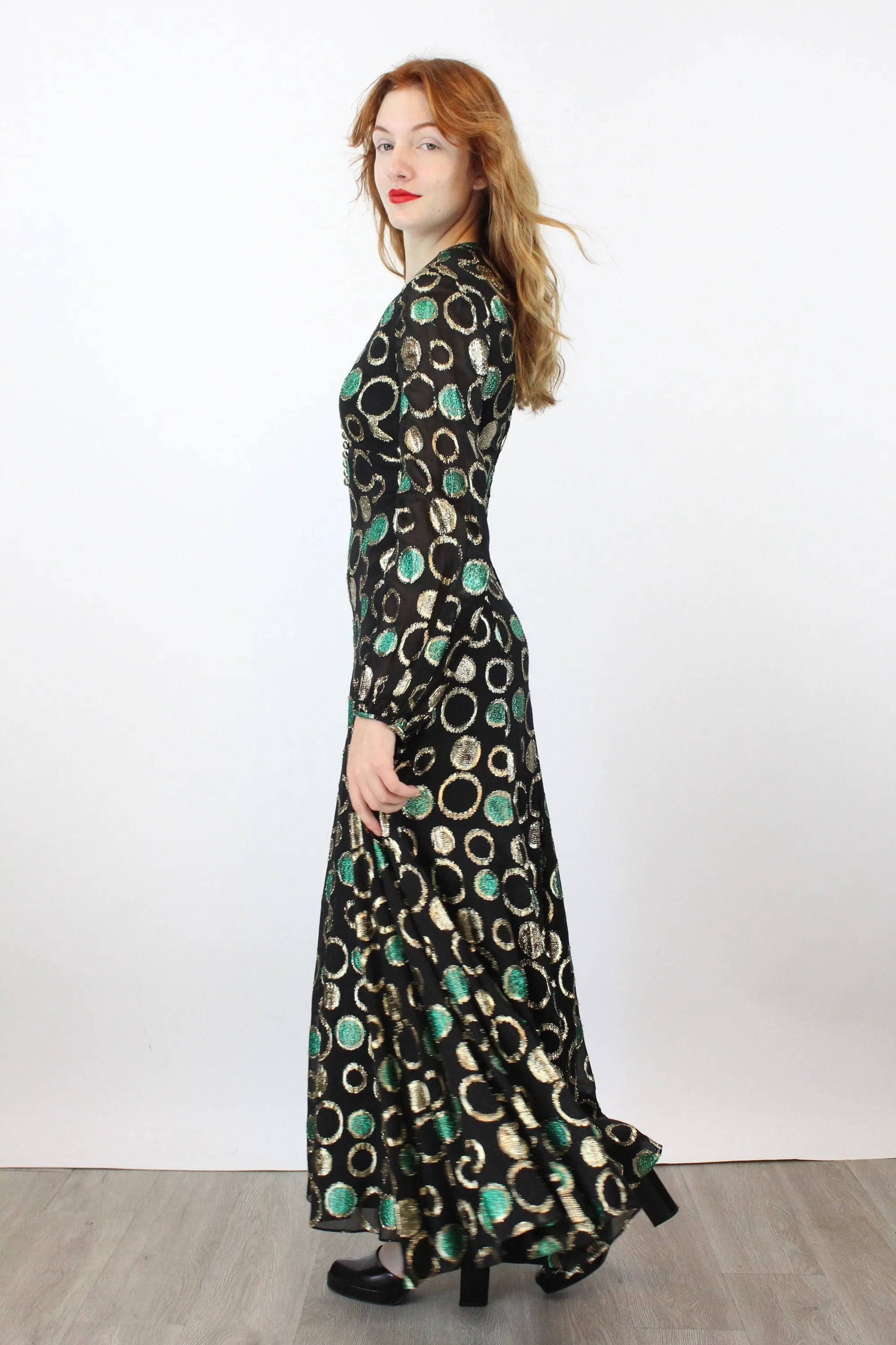 1960s SHANNON Rodgers metallic maxi dress xs | new winter