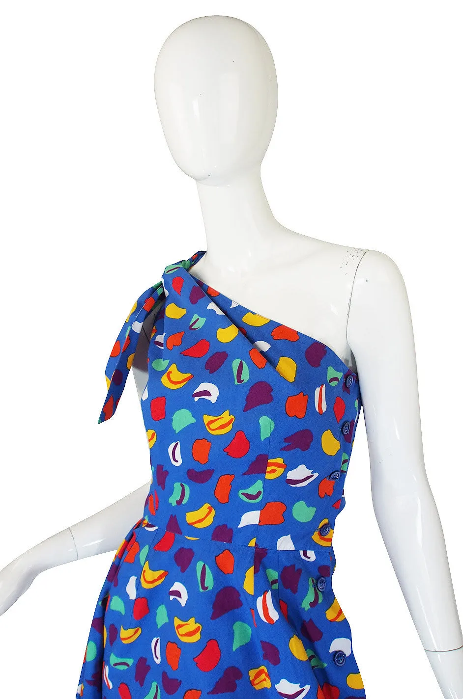 1970s Guy Laroche One Shoulder Bright & Pretty Print Dress