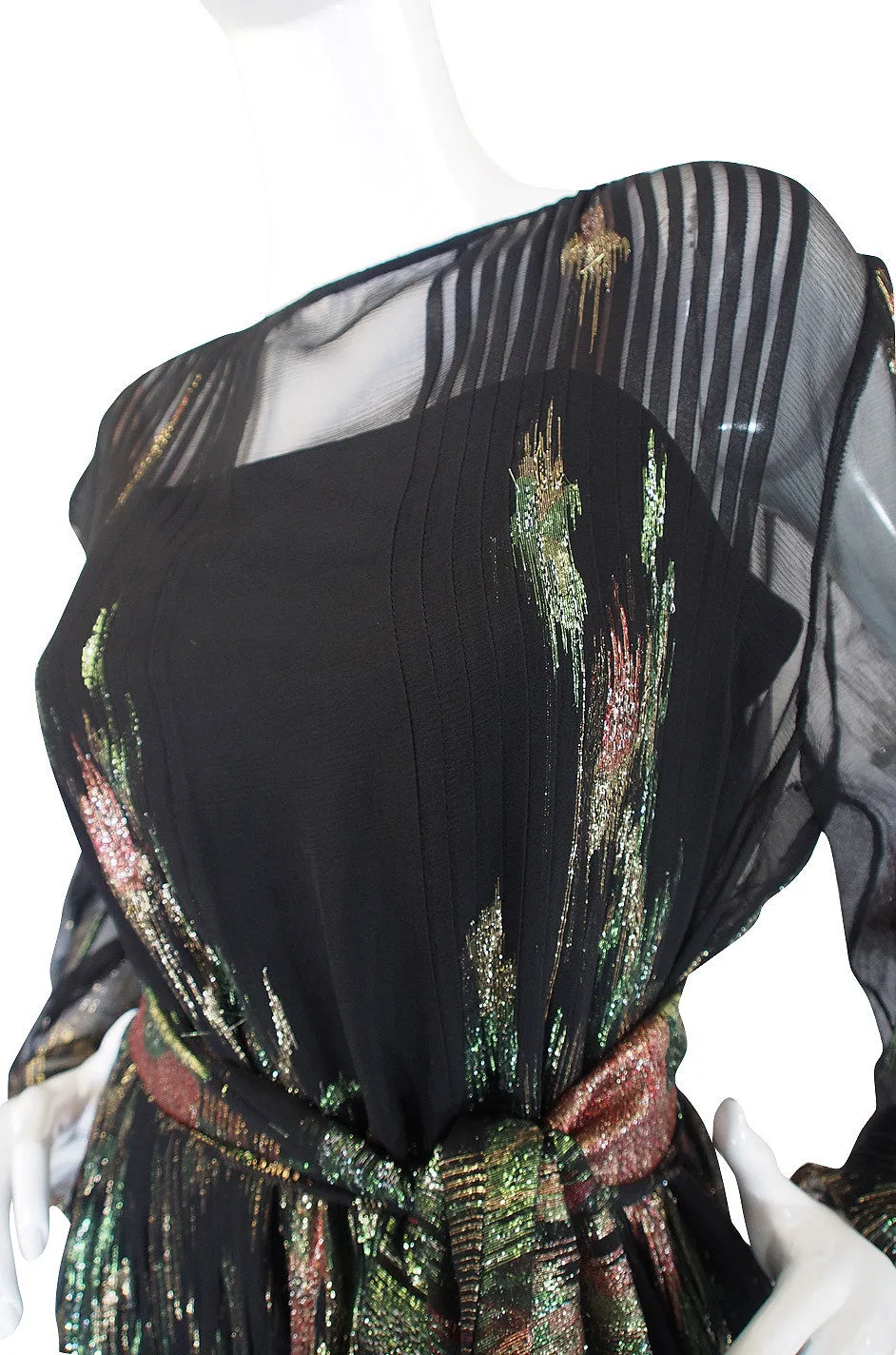 1970s Silk Chiffon Metallic Trigere Dress