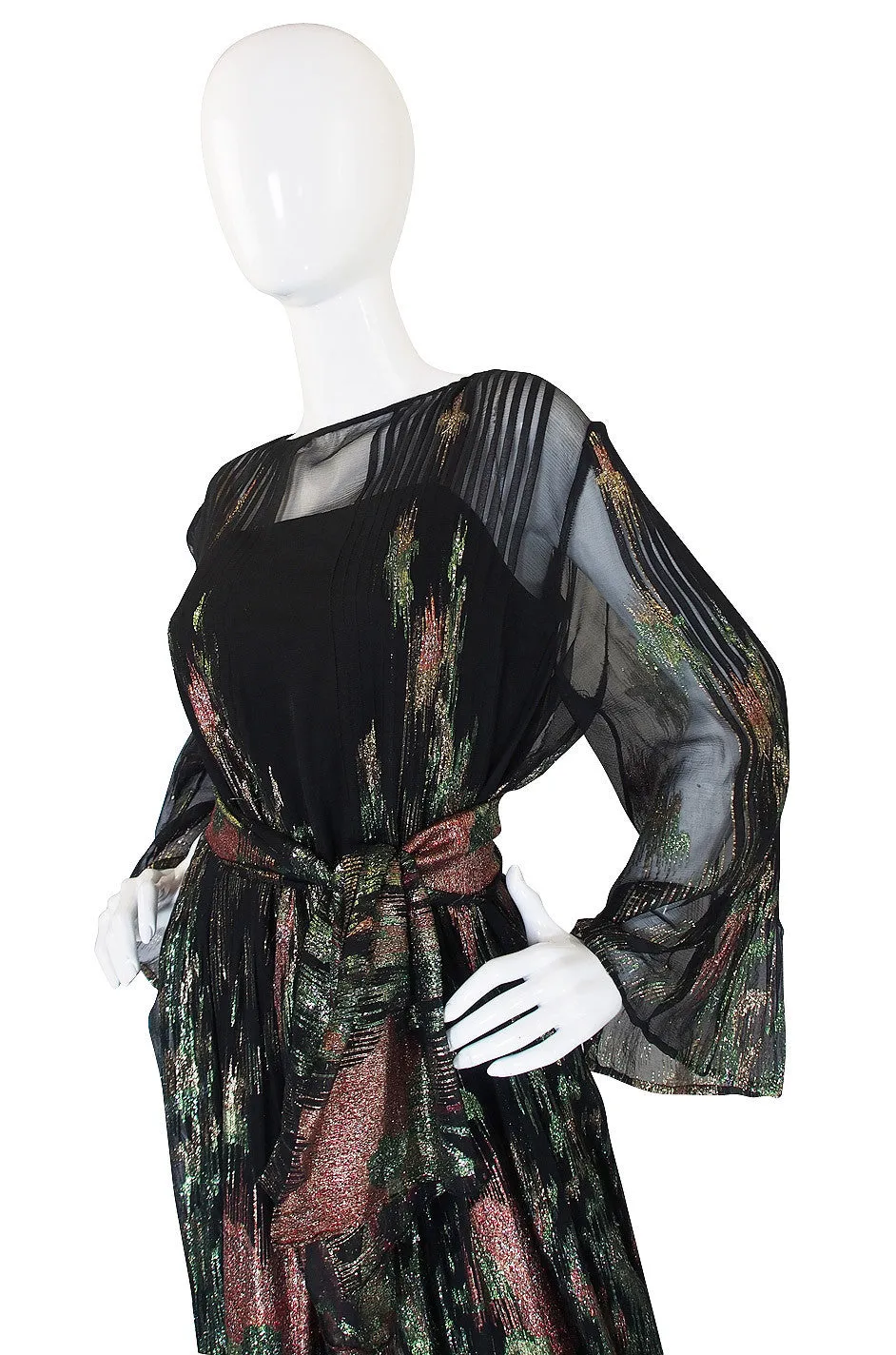 1970s Silk Chiffon Metallic Trigere Dress