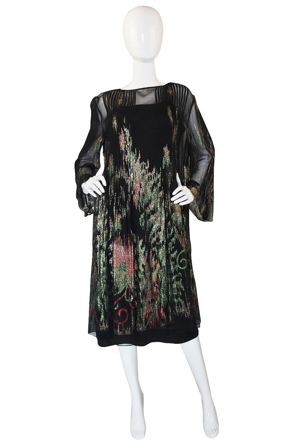 1970s Silk Chiffon Metallic Trigere Dress
