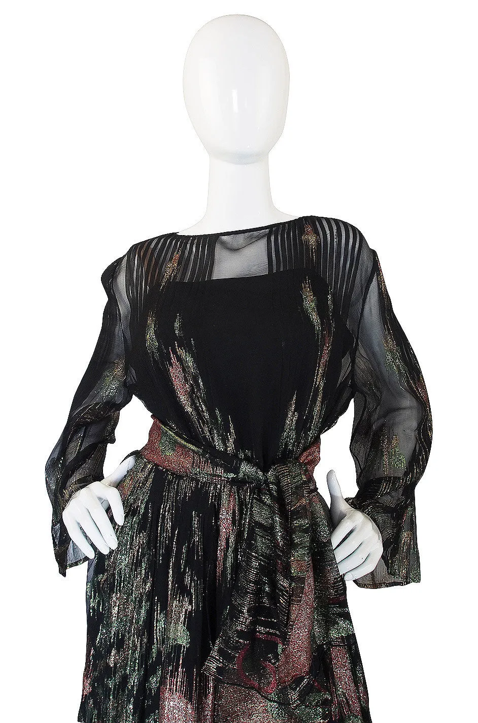 1970s Silk Chiffon Metallic Trigere Dress