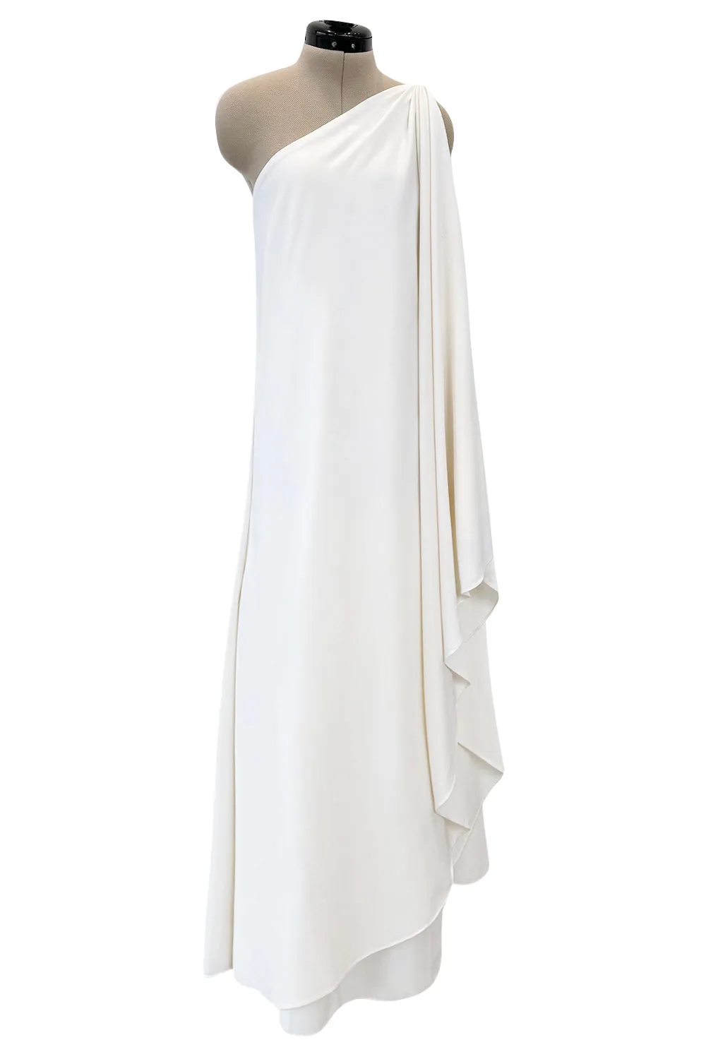 1978 Halston Off White Ivory One Shoulder Draped Jersey Maxi Dress