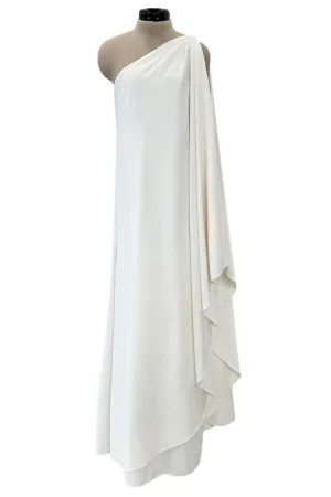 1978 Halston Off White Ivory One Shoulder Draped Jersey Maxi Dress