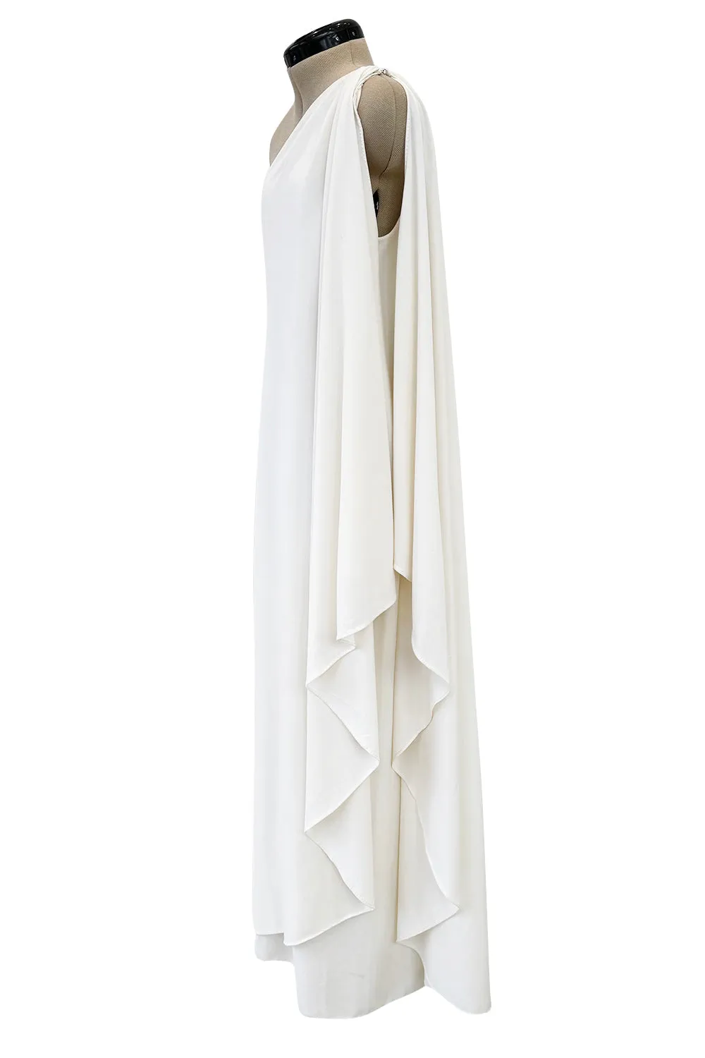 1978 Halston Off White Ivory One Shoulder Draped Jersey Maxi Dress