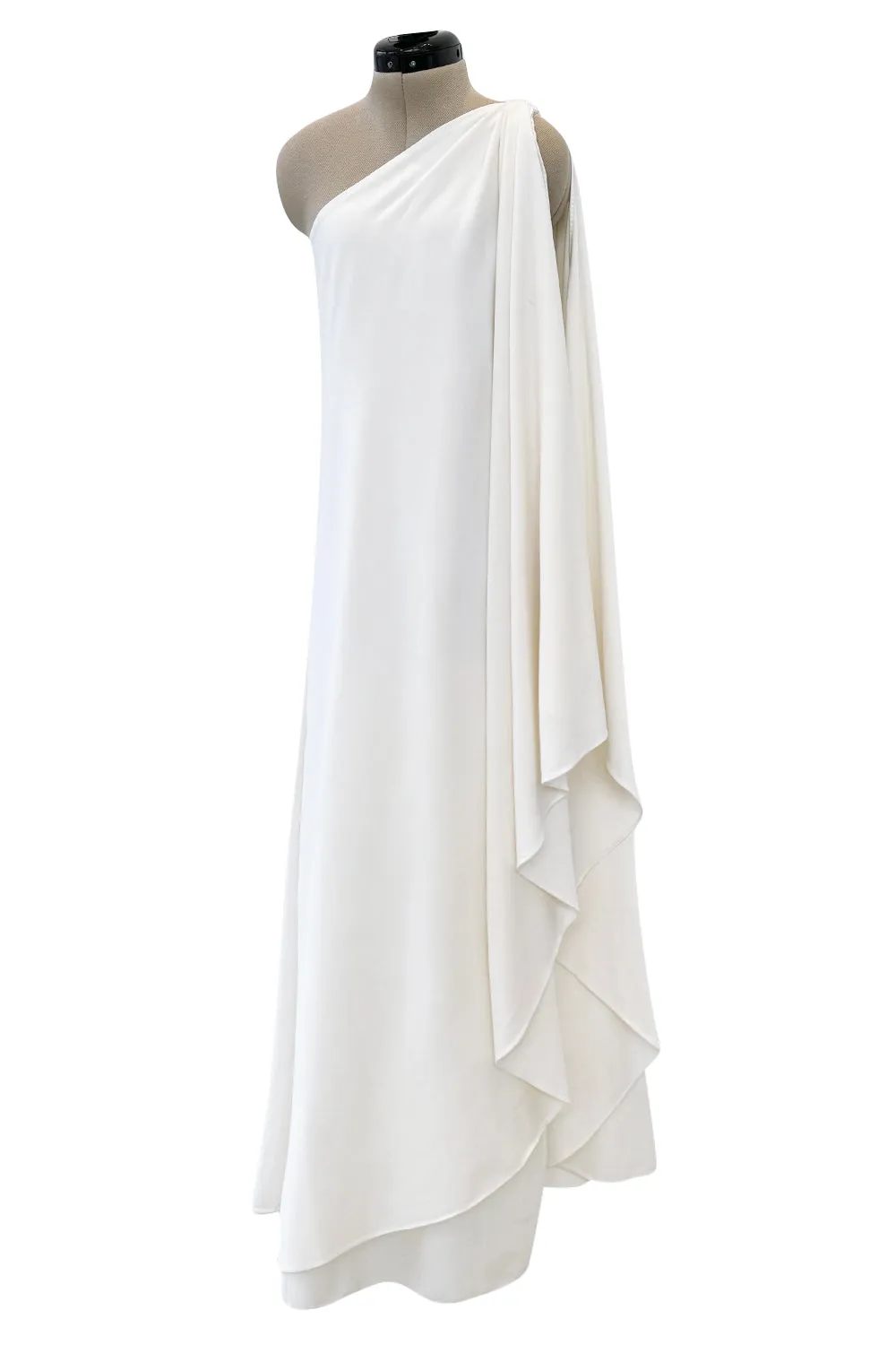 1978 Halston Off White Ivory One Shoulder Draped Jersey Maxi Dress