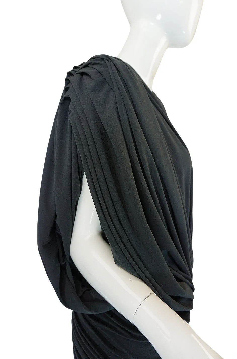 1980s Gray Norma Kamali Jersey Dress & Shawl Set