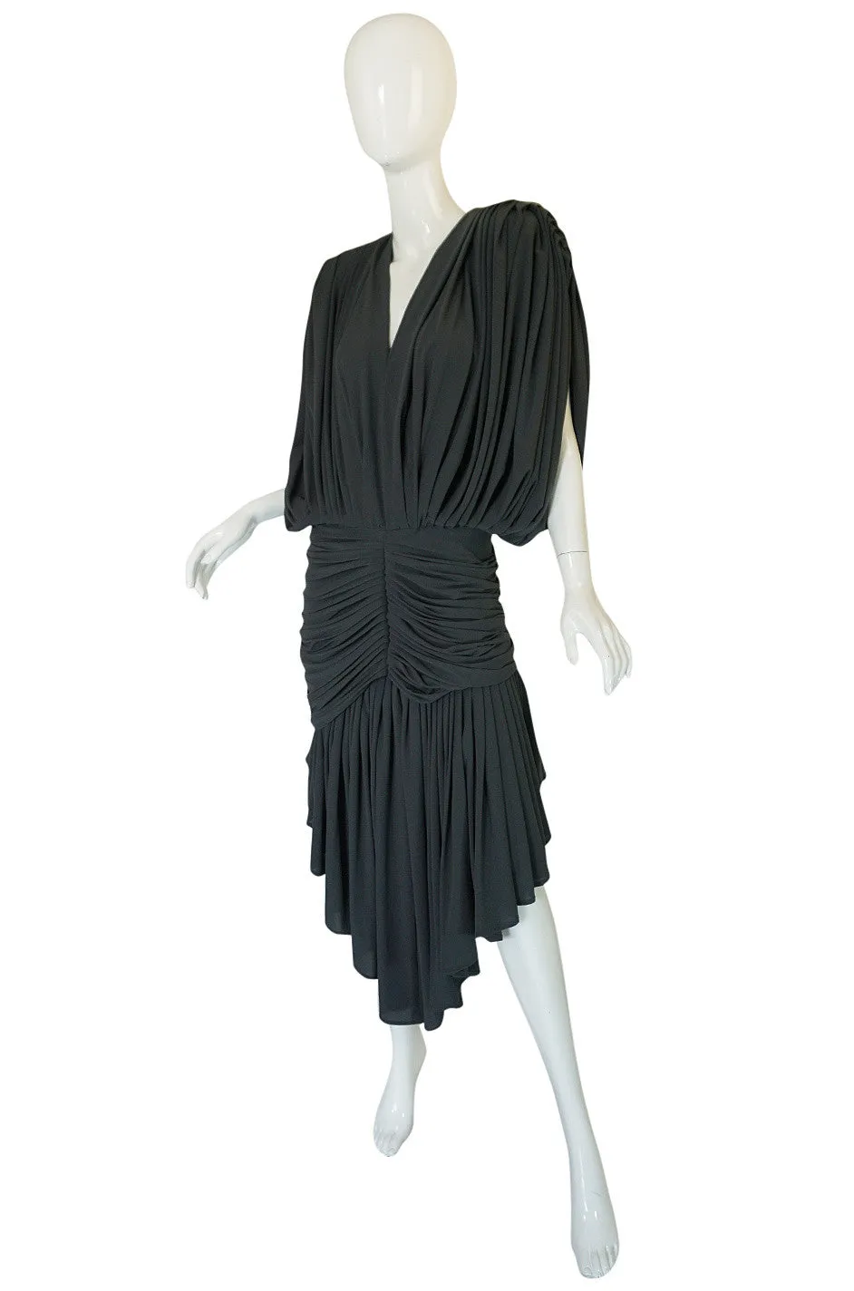 1980s Gray Norma Kamali Jersey Dress & Shawl Set