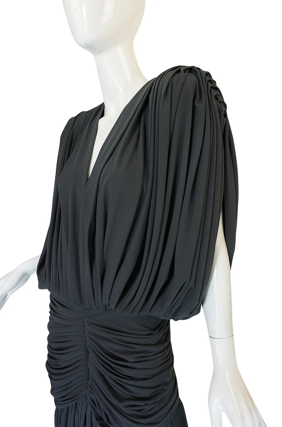 1980s Gray Norma Kamali Jersey Dress & Shawl Set