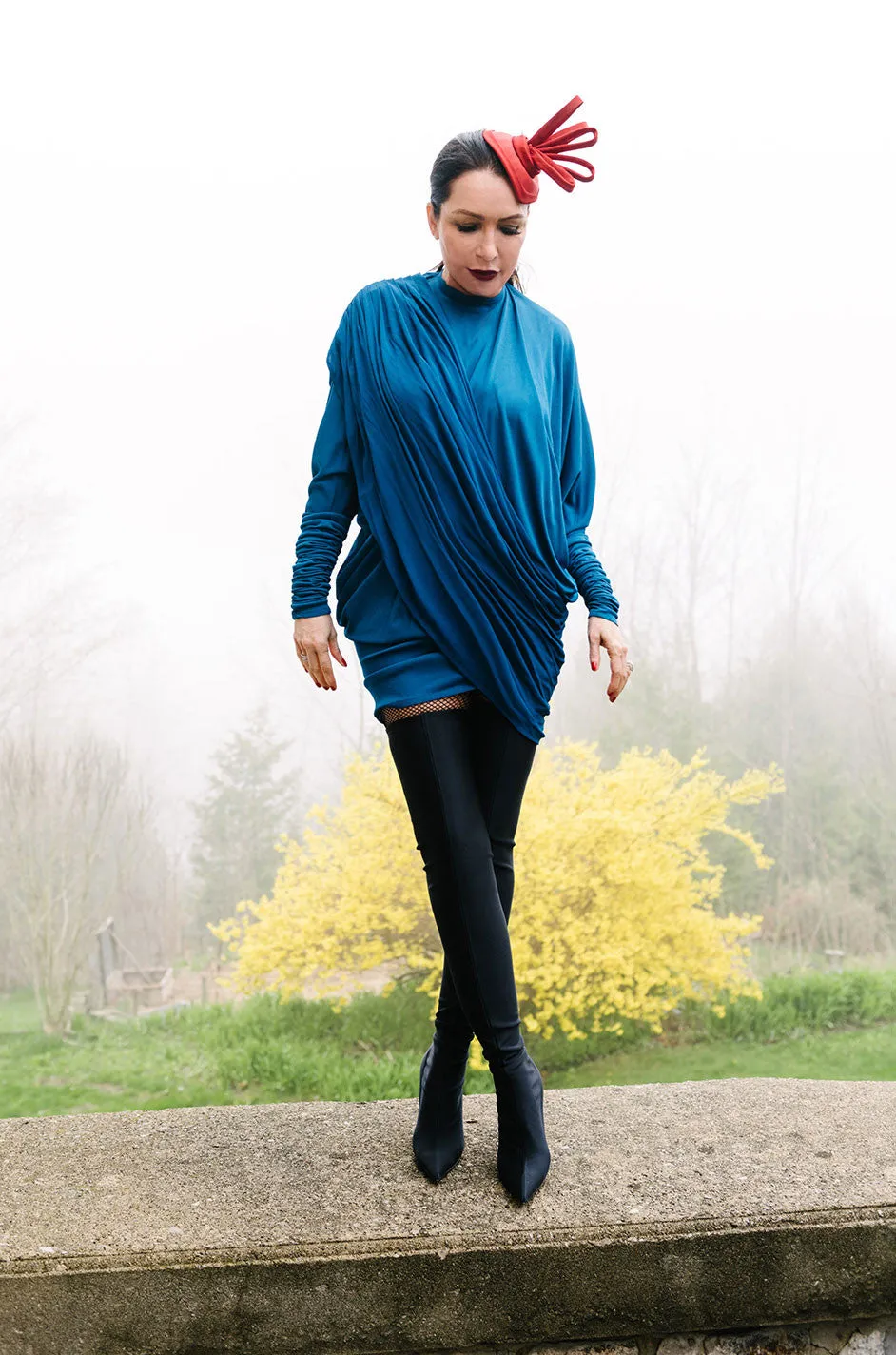 1980s OMO Norma Kamali Jersey Dramatic Sleeved Dress