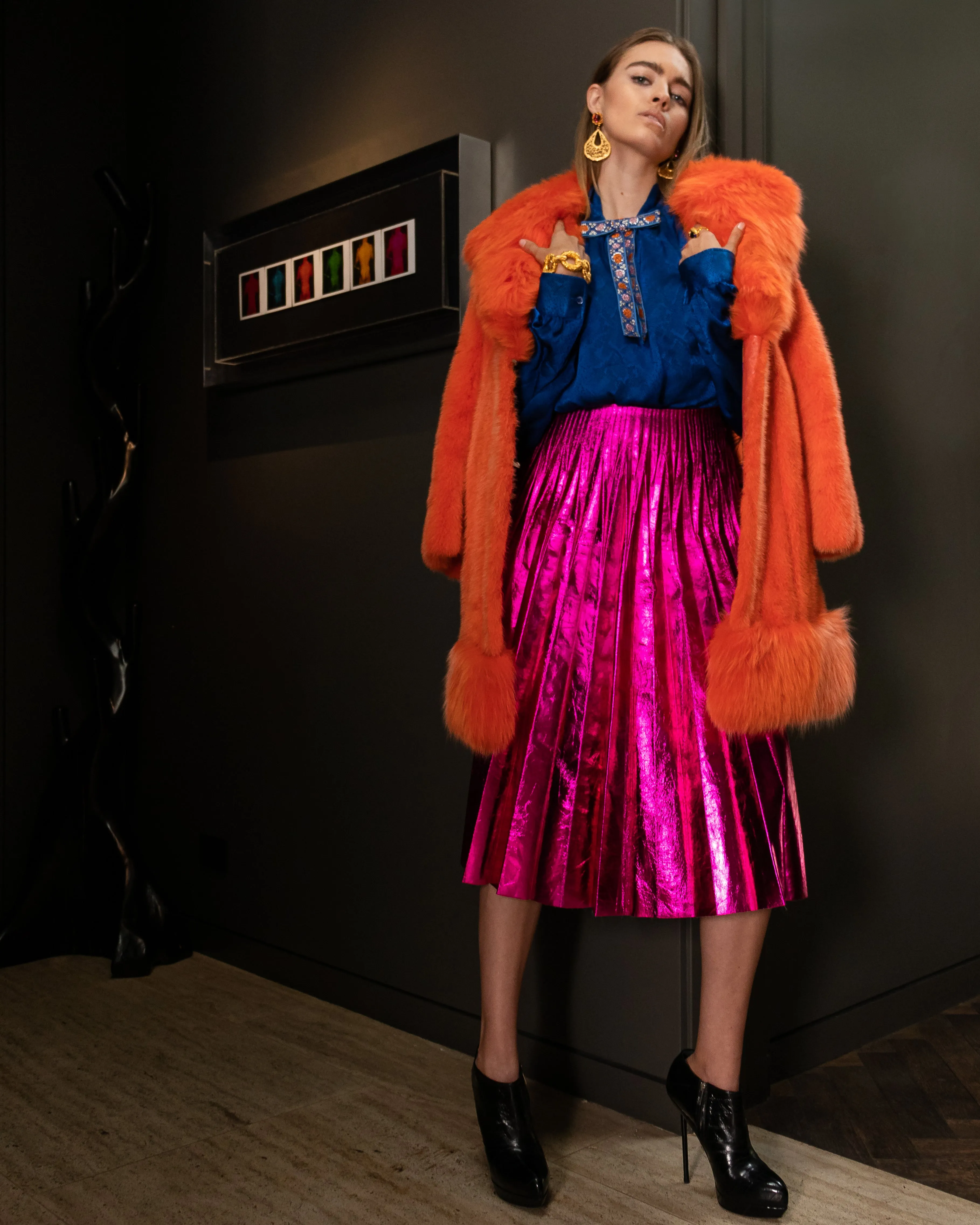 2017 Pre-Fall Metallic Plisse Pleated Leather Skirt