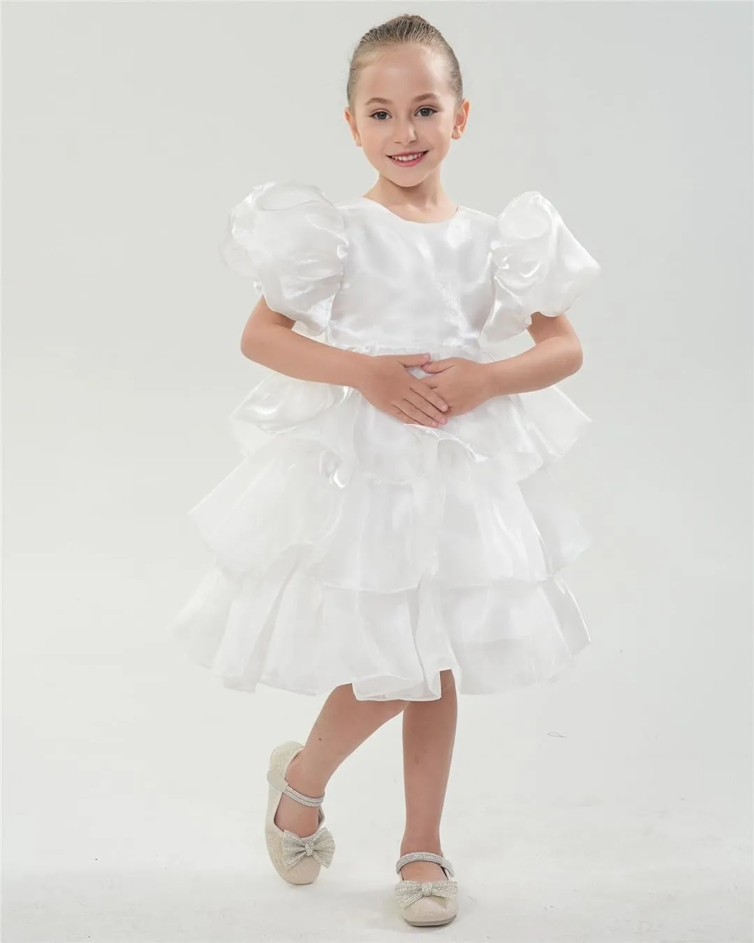 2Bunnies Girls' Organza Puff Sleeve Bow Tiered Fit & Flare Dress