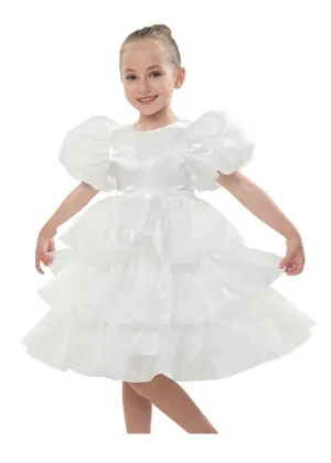 2Bunnies Girls' Organza Puff Sleeve Bow Tiered Fit & Flare Dress