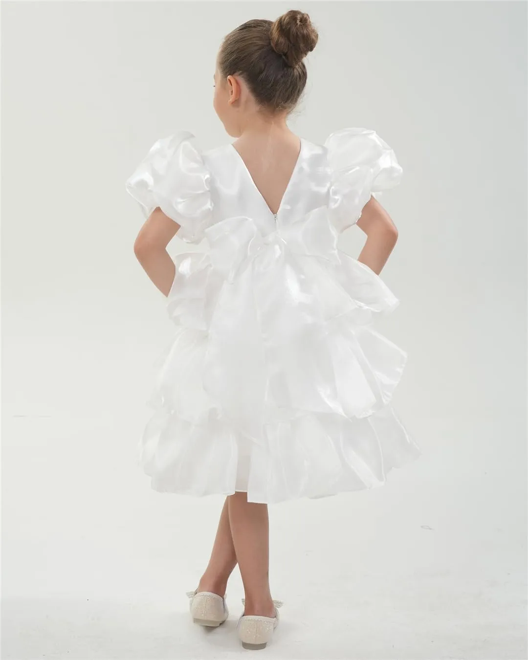 2Bunnies Girls' Organza Puff Sleeve Bow Tiered Fit & Flare Dress