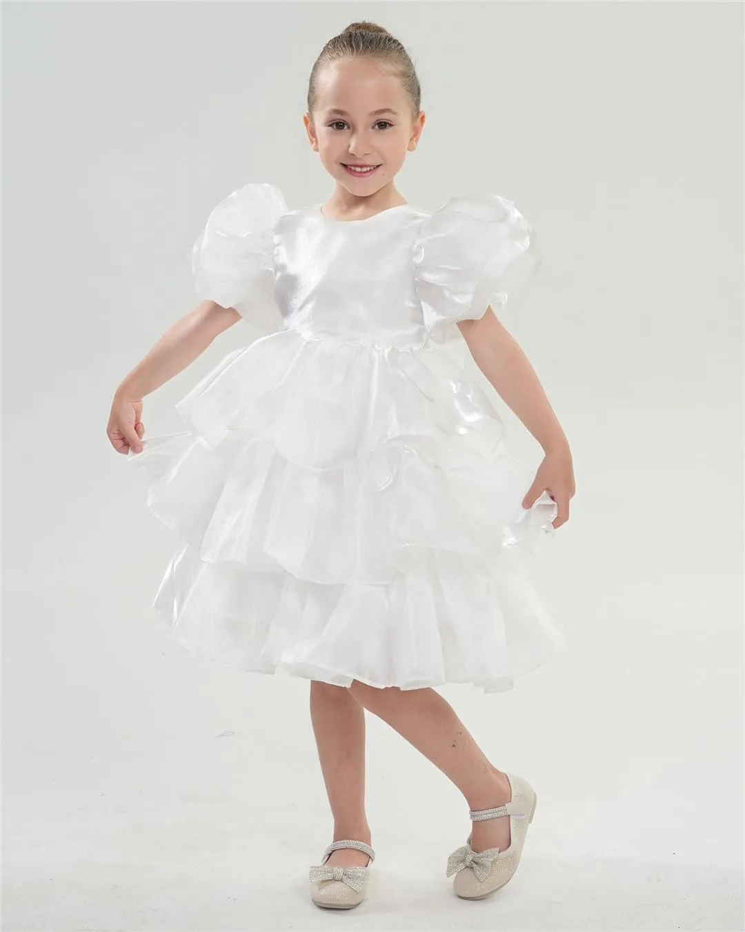 2Bunnies Girls' Organza Puff Sleeve Bow Tiered Fit & Flare Dress