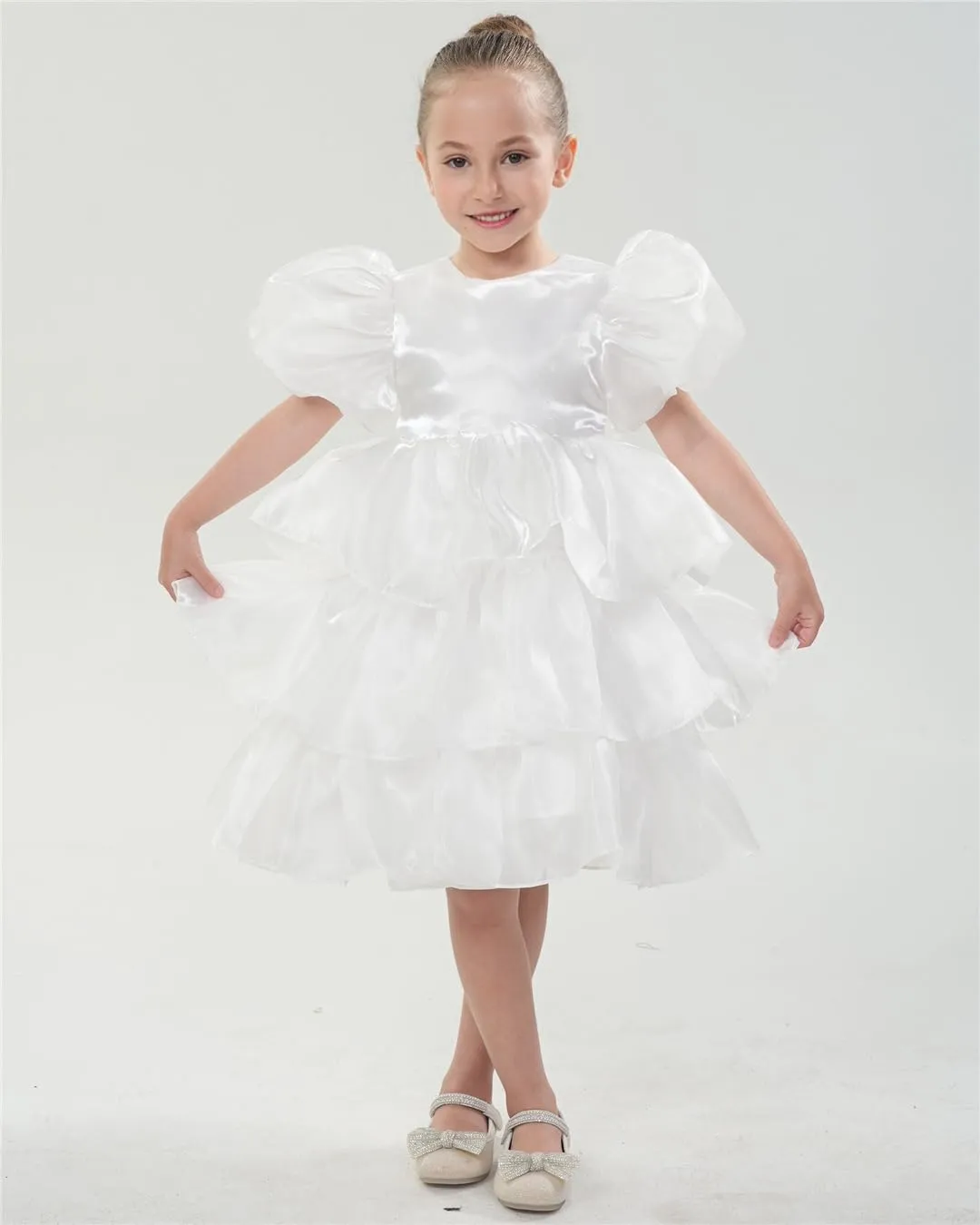 2Bunnies Girls' Organza Puff Sleeve Bow Tiered Fit & Flare Dress