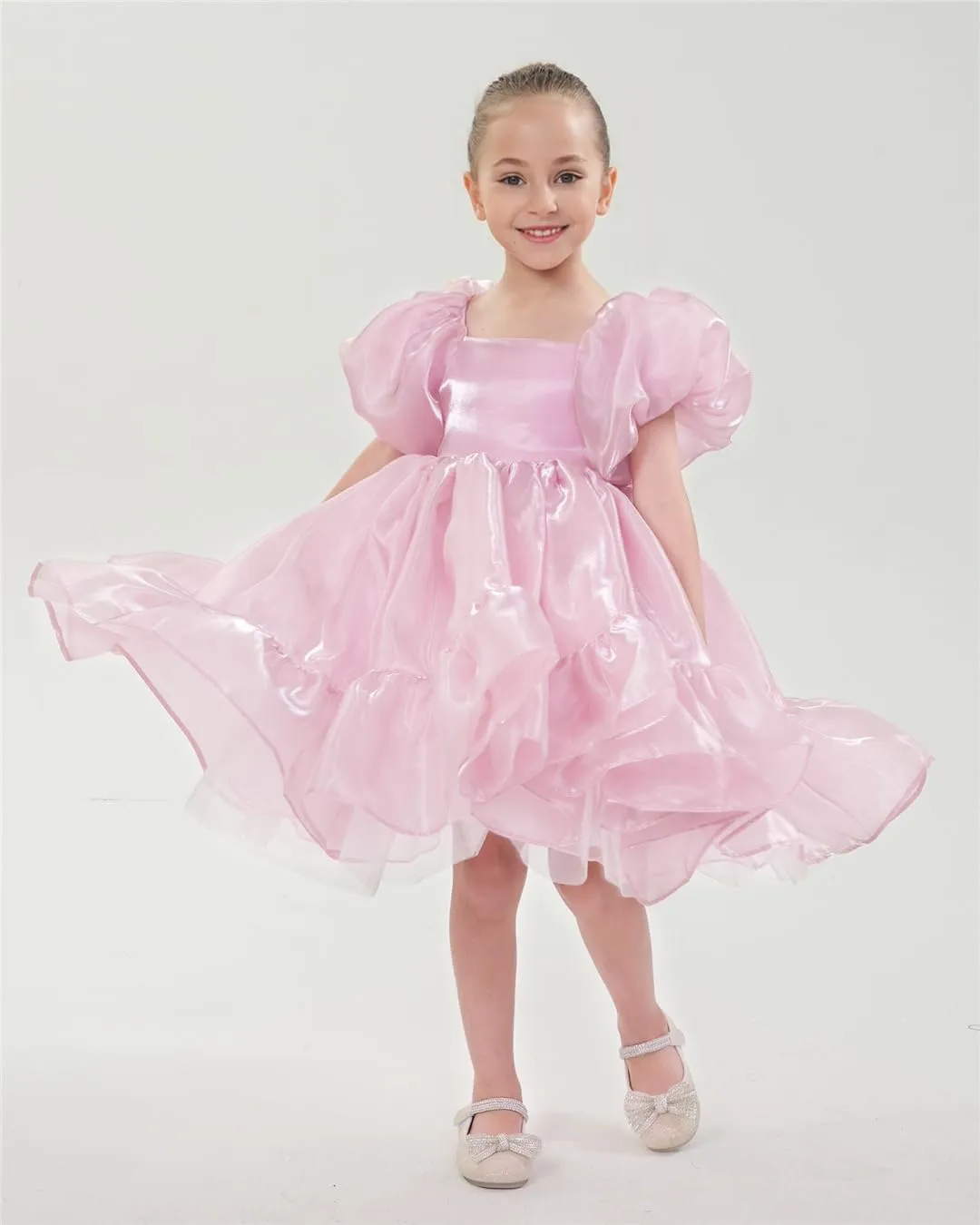 2Bunnies Girls' Organza Puff Sleeve Ruffle Hem Bow Babydoll Skater Dress