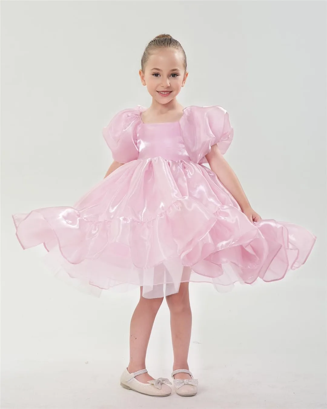 2Bunnies Girls' Organza Puff Sleeve Ruffle Hem Bow Babydoll Skater Dress