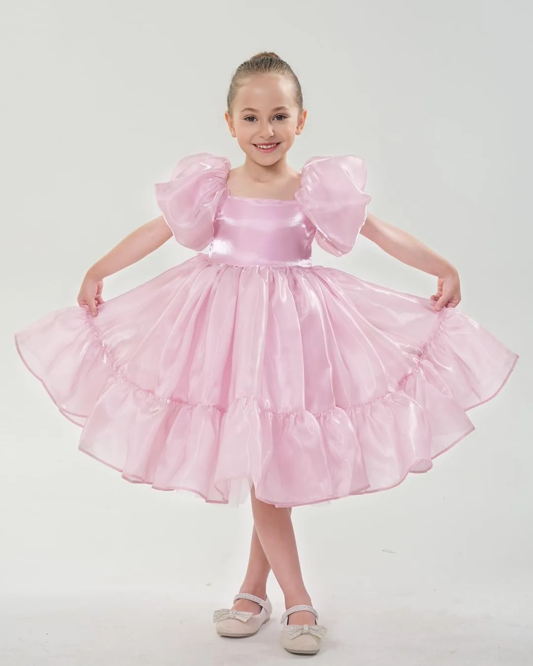 2Bunnies Girls' Organza Puff Sleeve Ruffle Hem Bow Babydoll Skater Dress