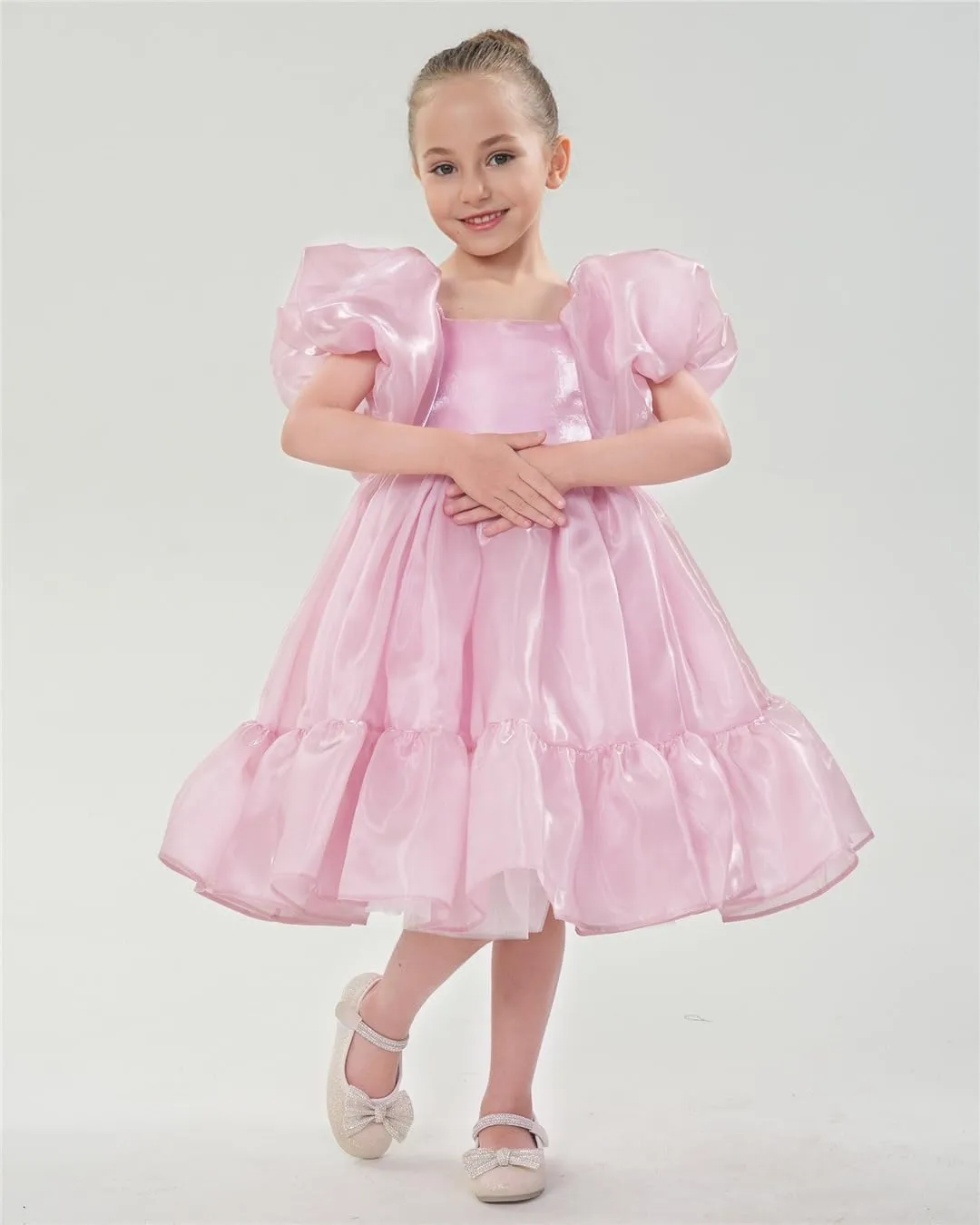 2Bunnies Girls' Organza Puff Sleeve Ruffle Hem Bow Babydoll Skater Dress