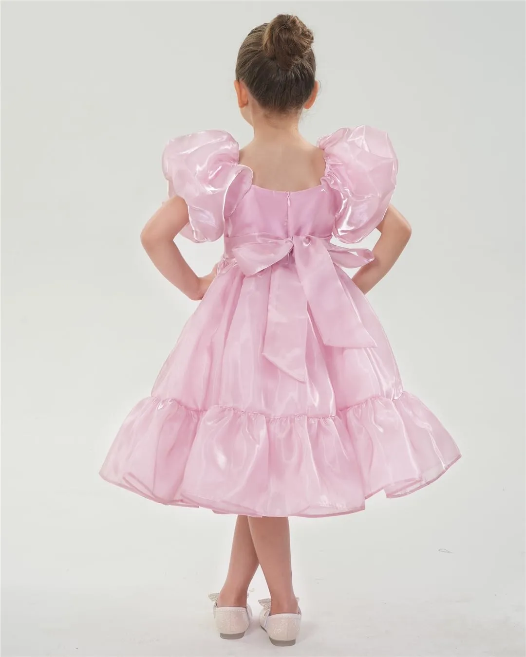 2Bunnies Girls' Organza Puff Sleeve Ruffle Hem Bow Babydoll Skater Dress