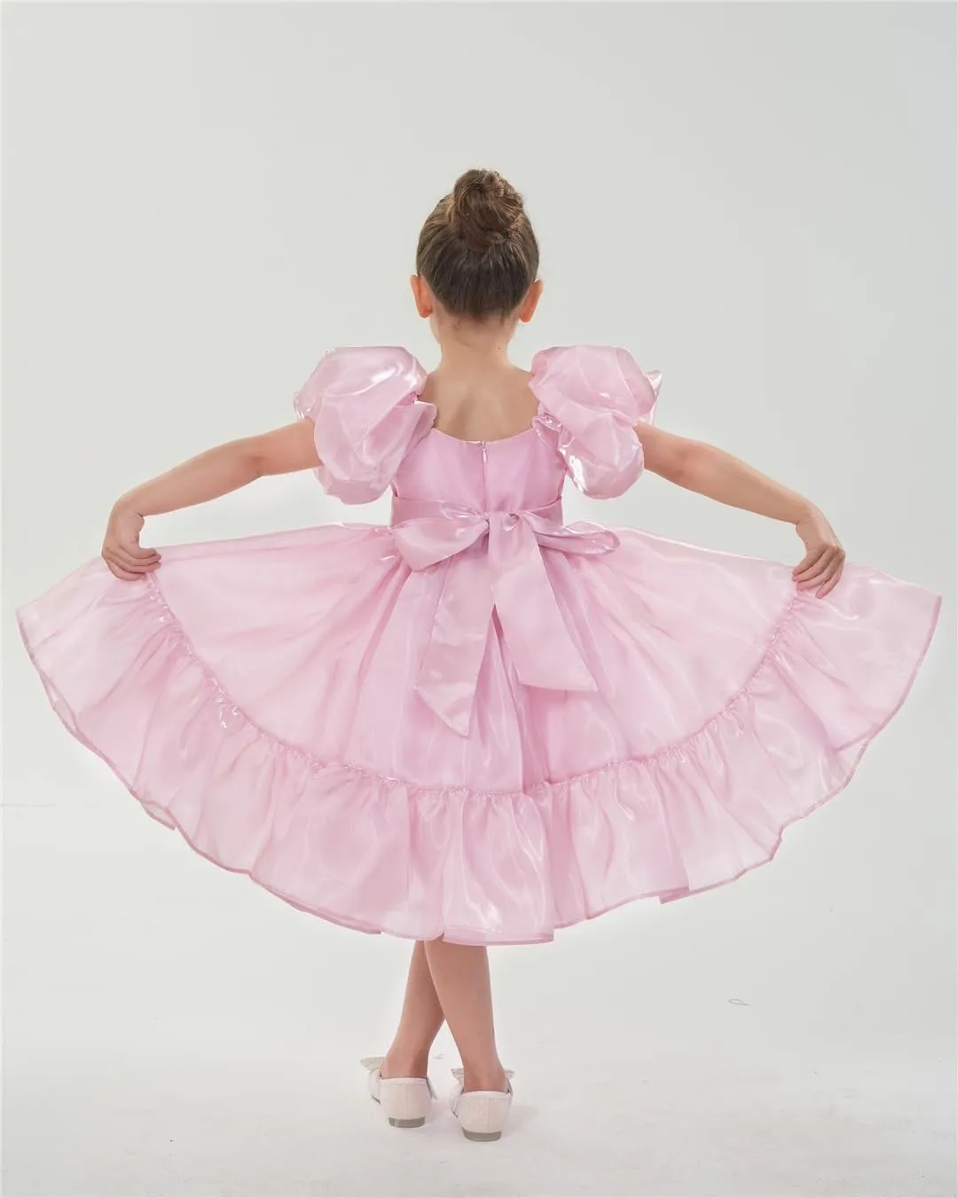 2Bunnies Girls' Organza Puff Sleeve Ruffle Hem Bow Babydoll Skater Dress