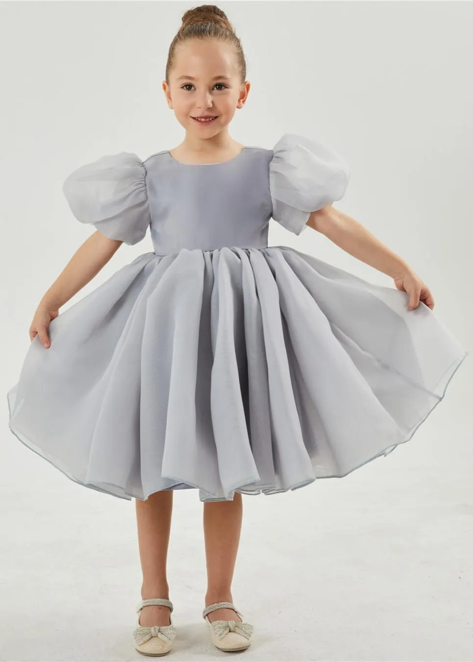 2Bunnies Organza Tulle Babydoll Girl Dress in Silver gray