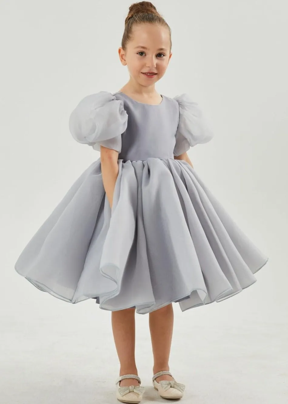 2Bunnies Organza Tulle Babydoll Girl Dress in Silver gray