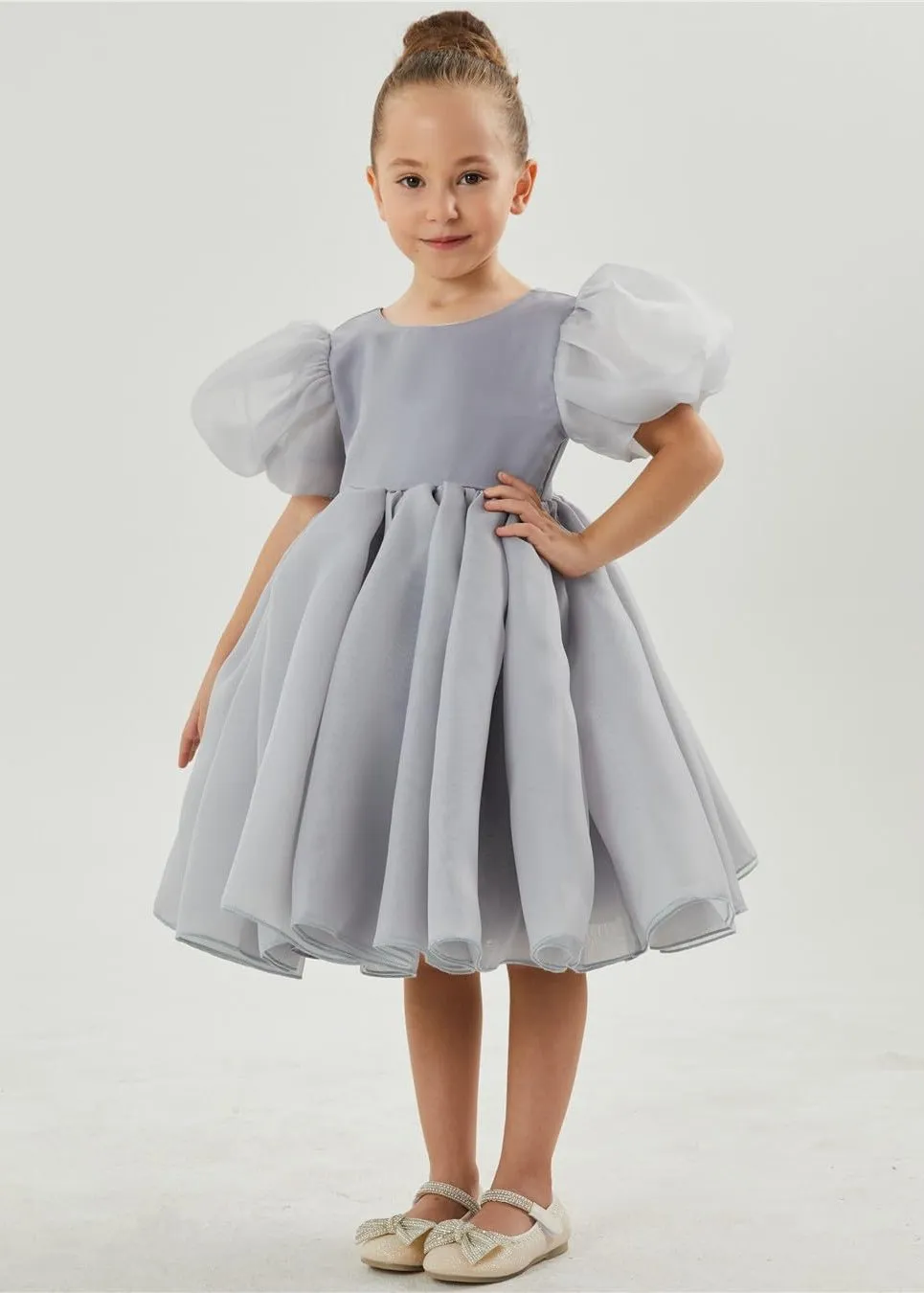 2Bunnies Organza Tulle Babydoll Girl Dress in Silver gray