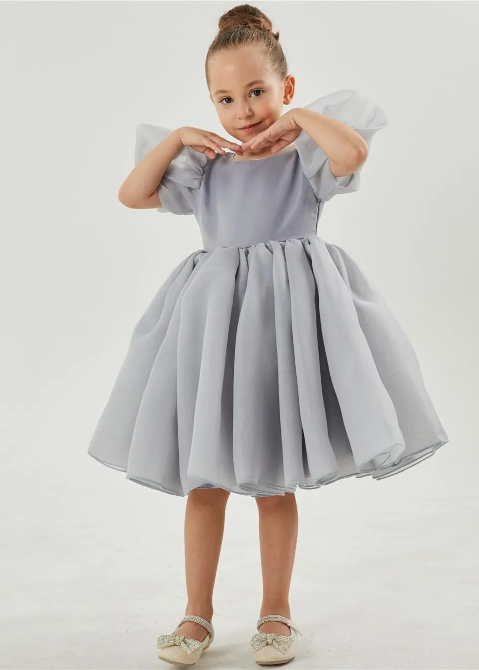 2Bunnies Organza Tulle Babydoll Girl Dress in Silver gray
