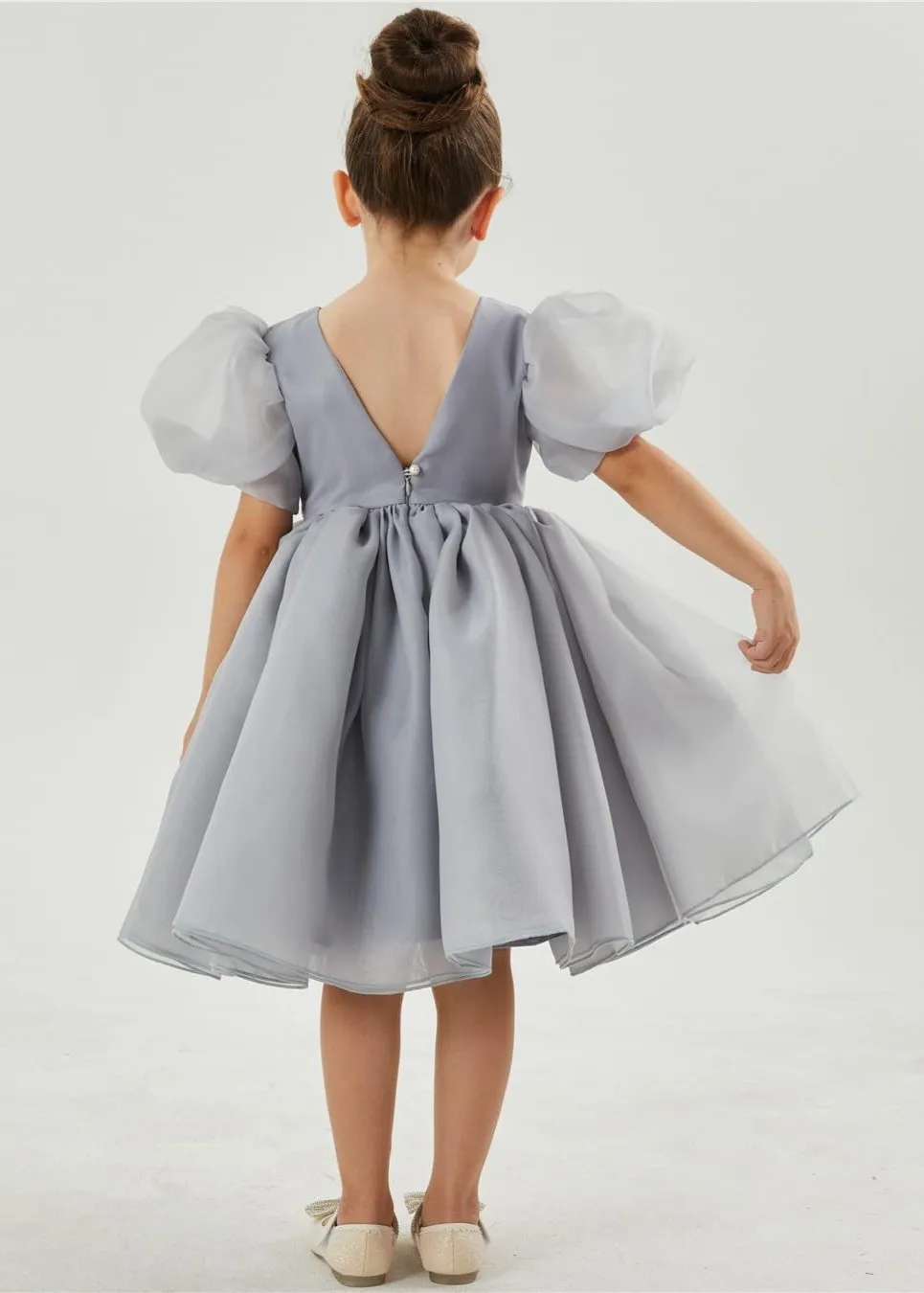 2Bunnies Organza Tulle Babydoll Girl Dress in Silver gray