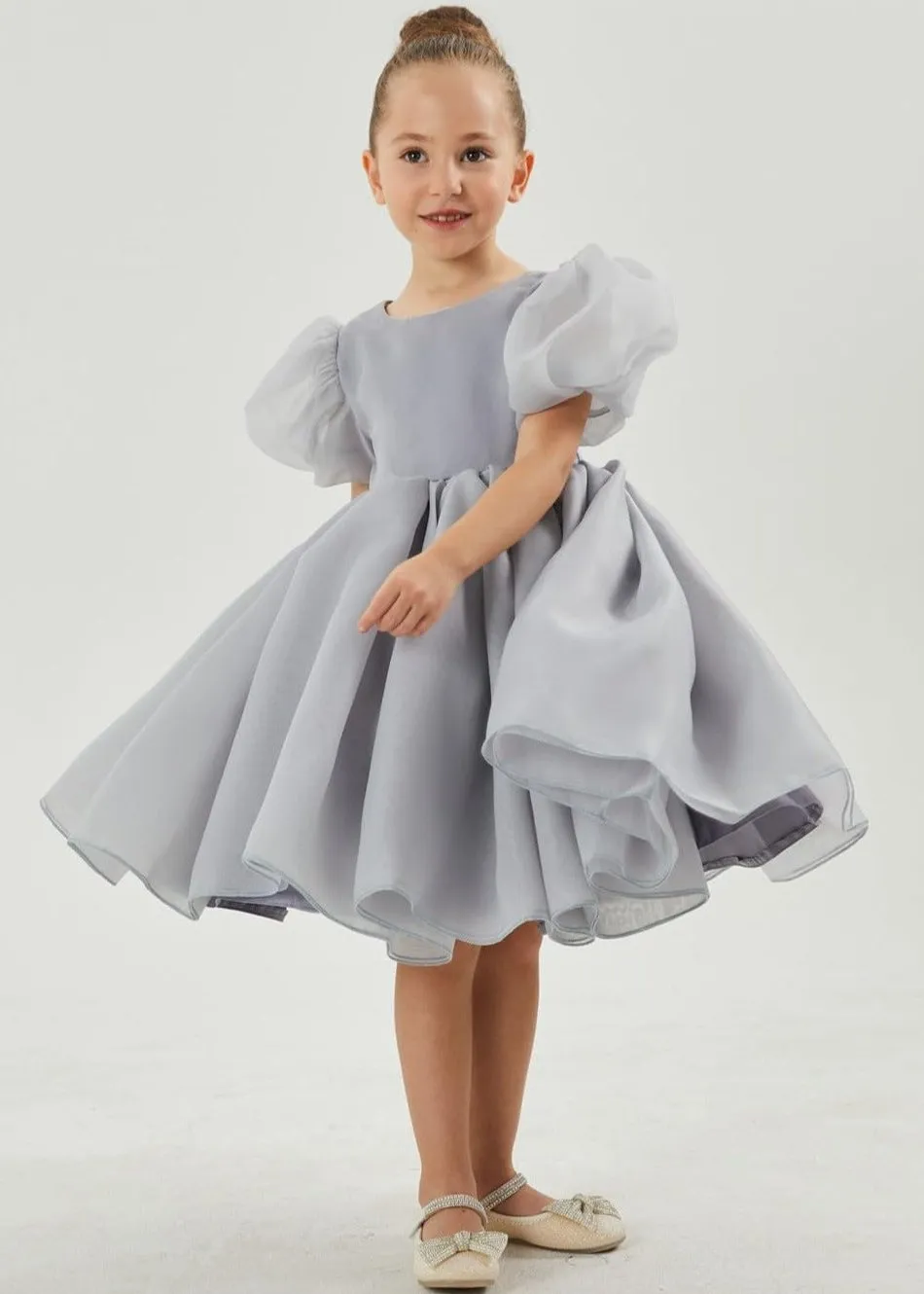 2Bunnies Organza Tulle Babydoll Girl Dress in Silver gray