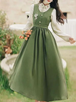 2PS Embroidered Stand Collar Vintage Fall Shirt Set Dress