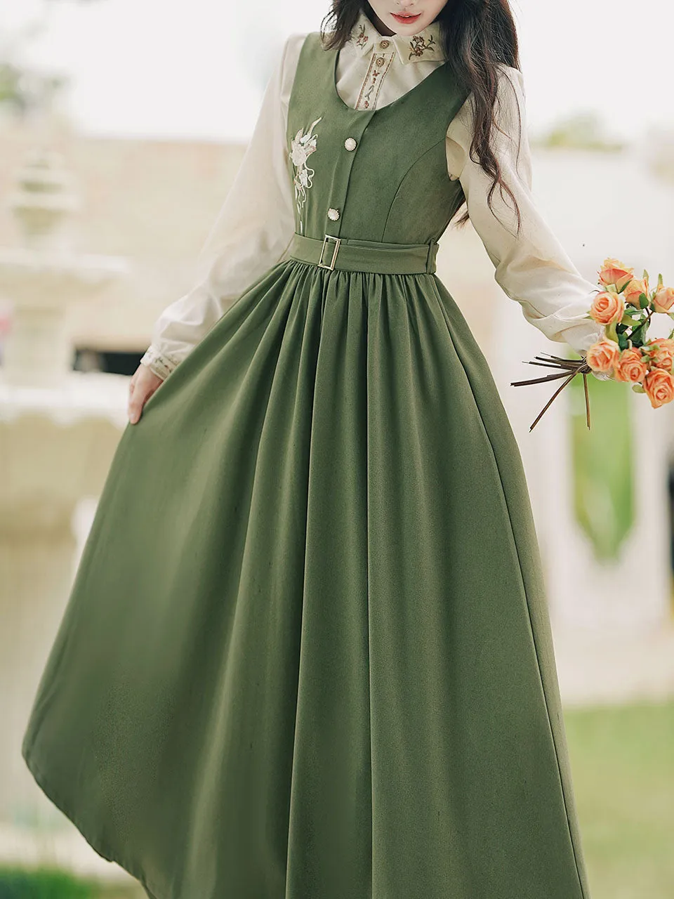 2PS Embroidered Stand Collar Vintage Fall Shirt Set Dress