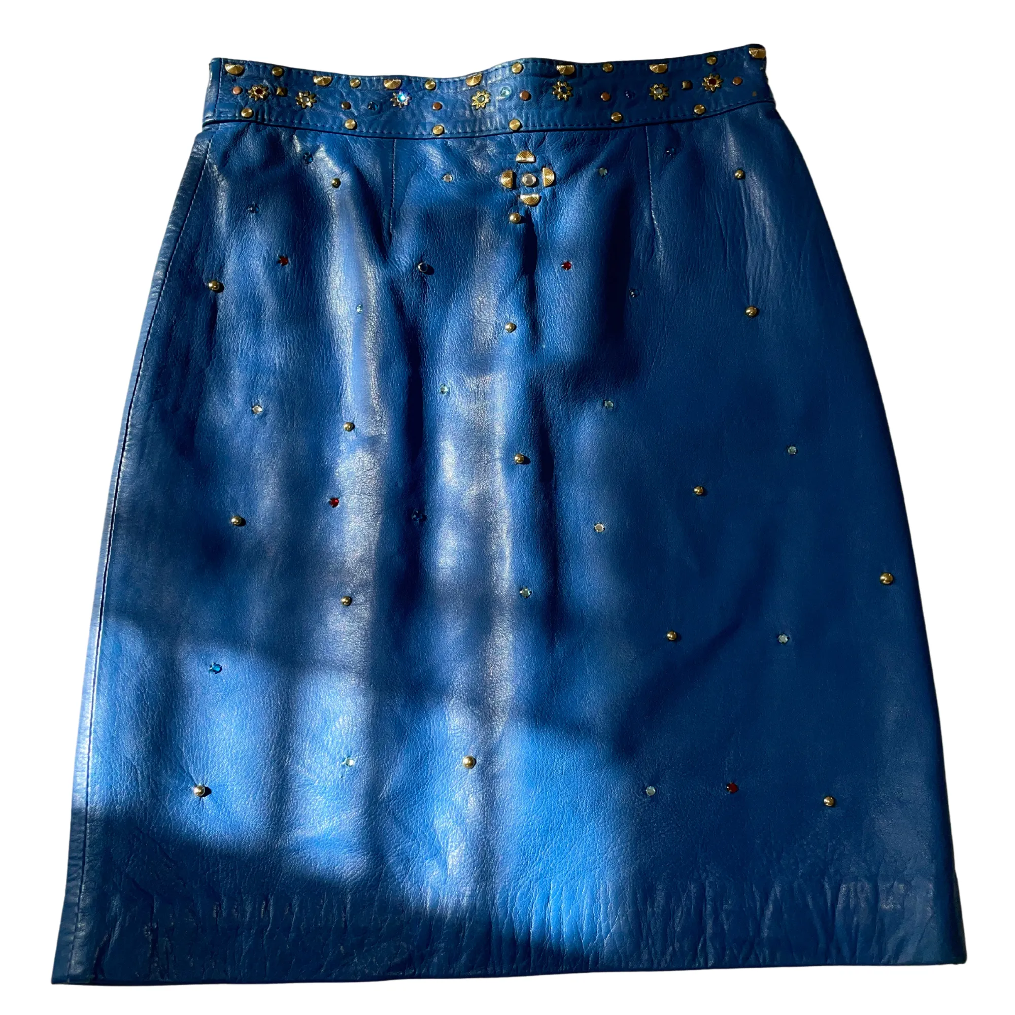 90s Blue Leather Skirt with Studs