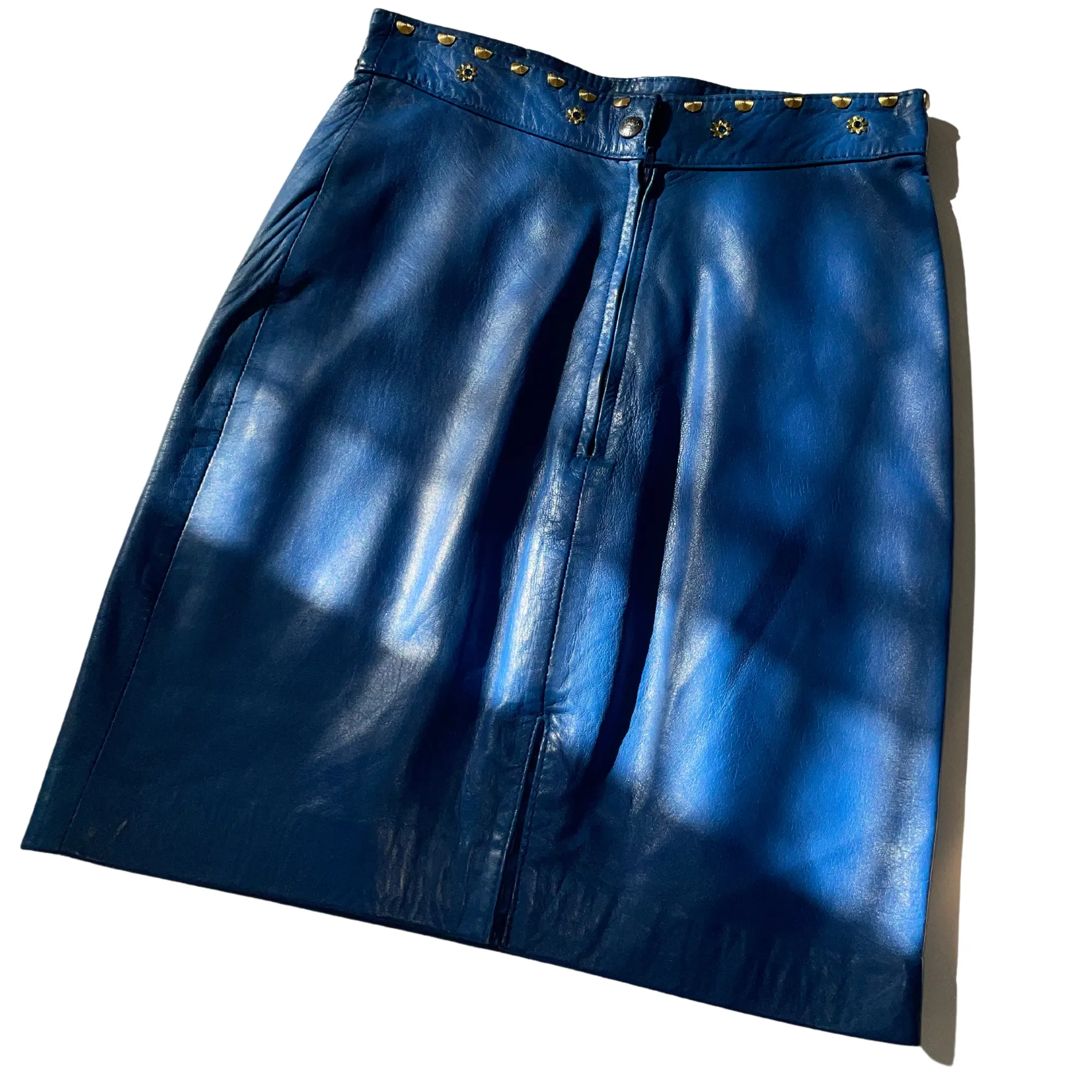 90s Blue Leather Skirt with Studs