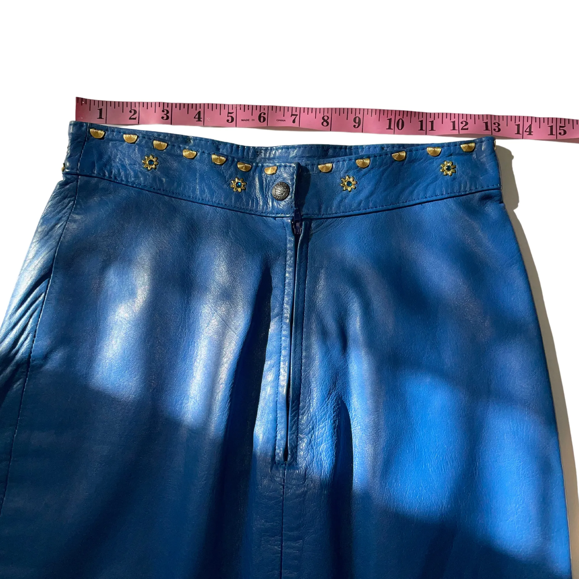 90s Blue Leather Skirt with Studs