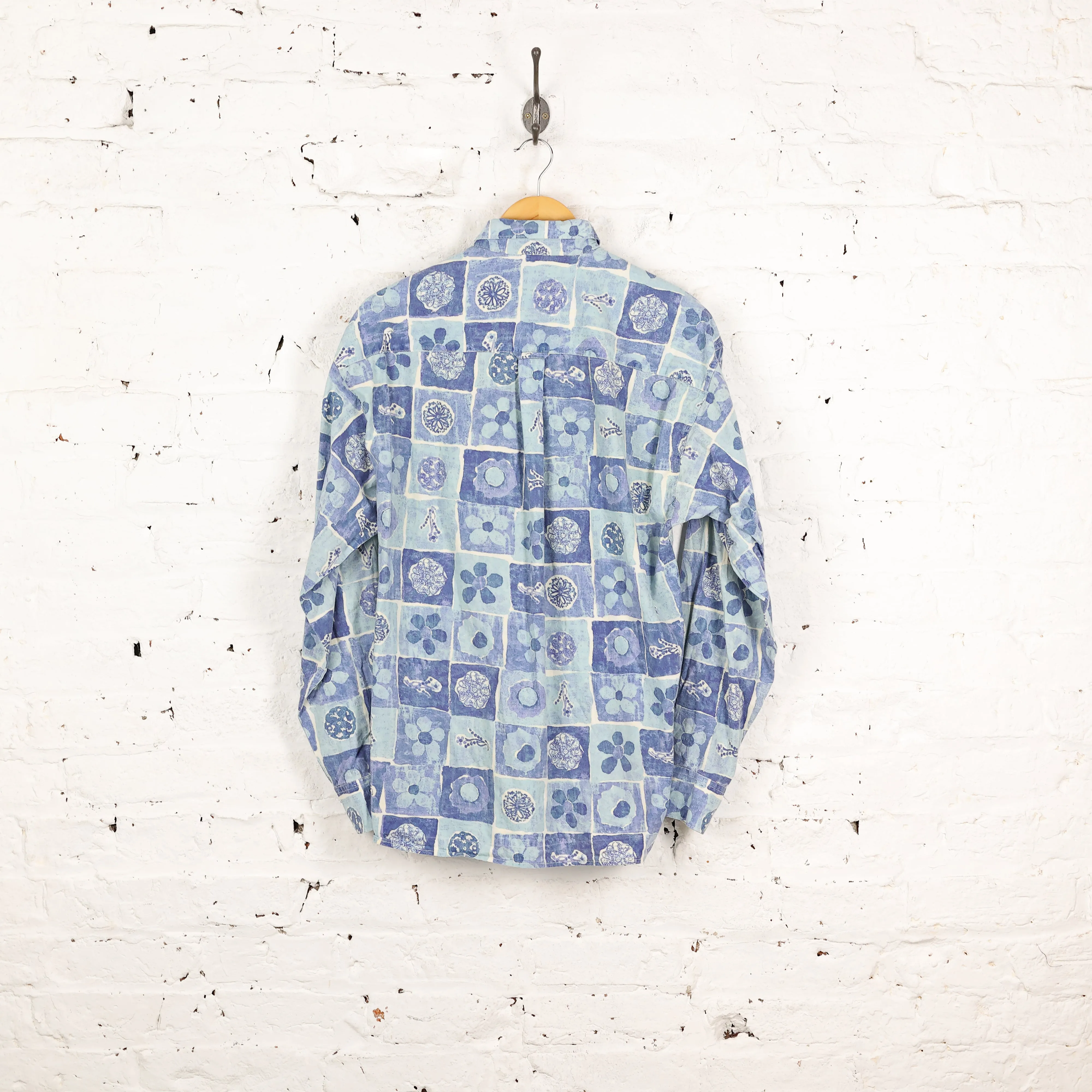 90s Long Sleeve Pattern Shirt - Blue - M