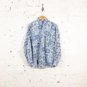 90s Long Sleeve Pattern Shirt - Blue - M