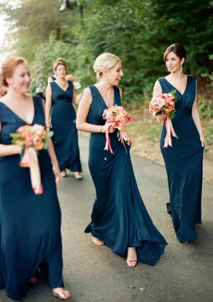 A-line V Neck Sleeveless Draped Back Sweep Train Charmeuse Bridesmaid Dress